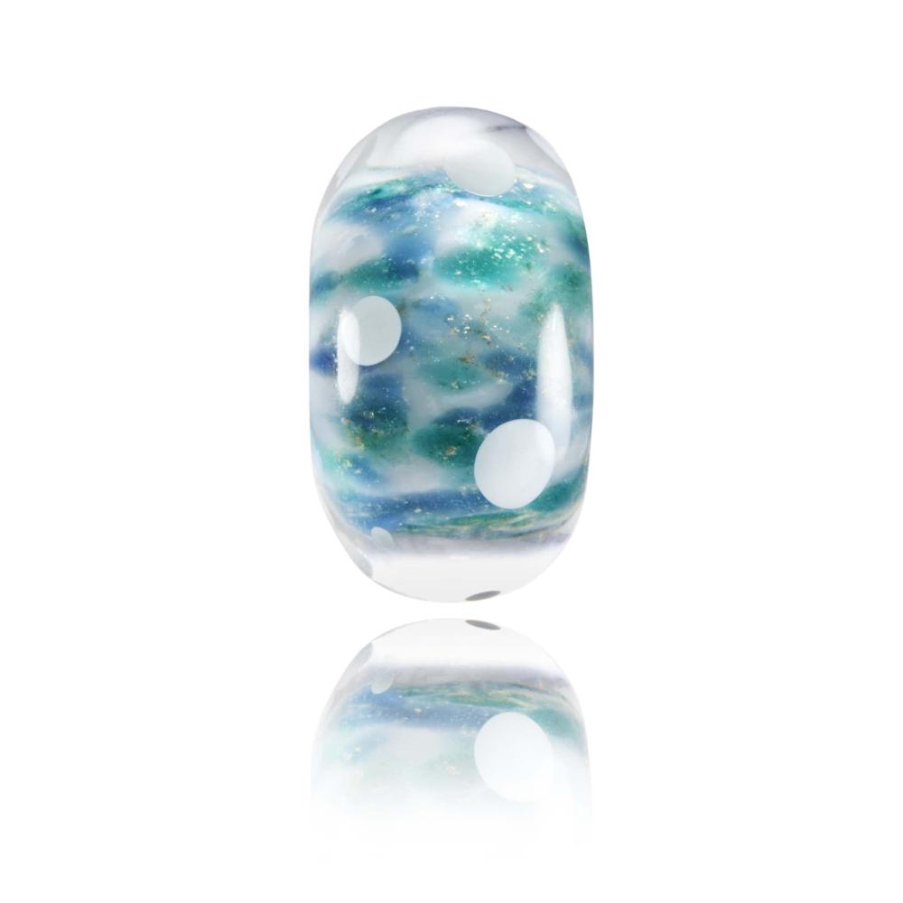 White, Green, blue and gold shimmer glass bead made to represent Davos in Switzerland.