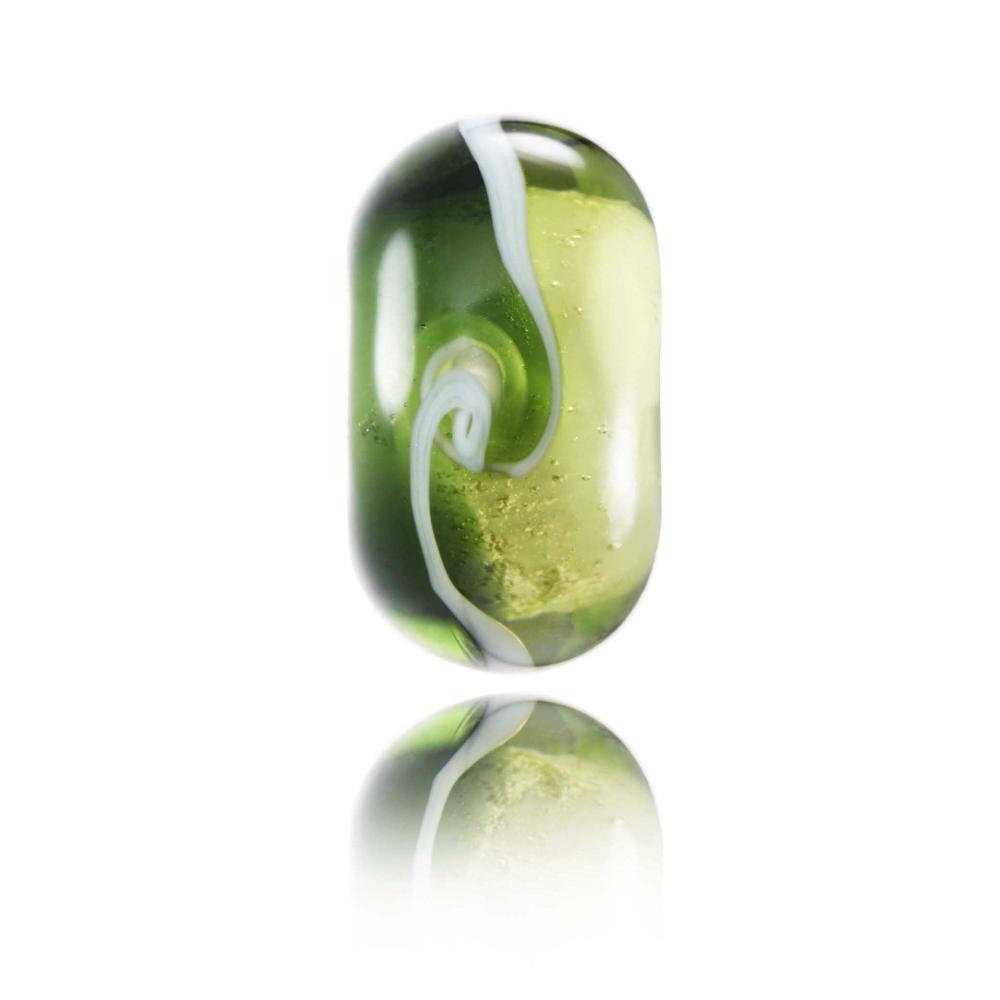 Green transparent glass bead with a white swirl round the middle, representing the Devon County of the UK.
