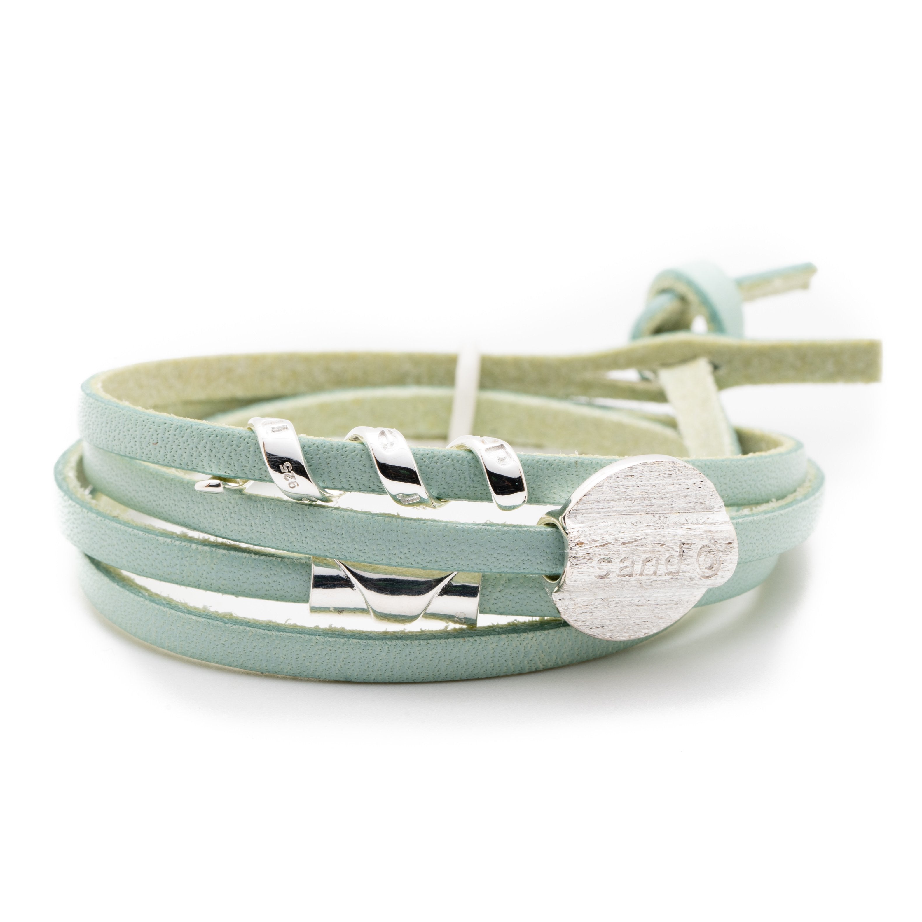 Aqua leather wrap bracelet with silver beach inspired charms.