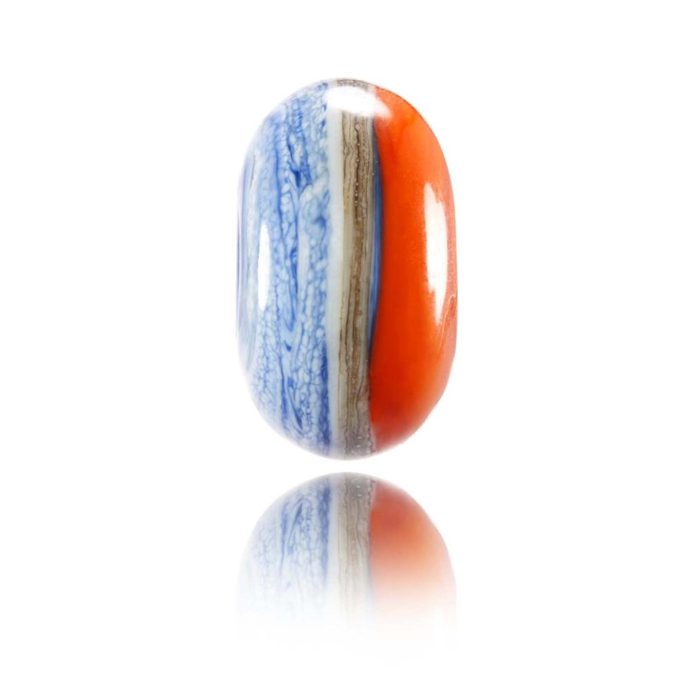 Lapis blue and orange glass bead with silver stringer around the middle for Durban, South Africa.
