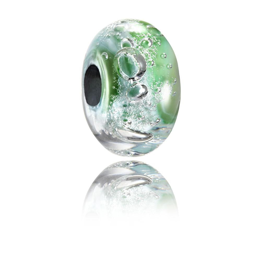 White and green bubbly glass bead for Durlston Point in Dorset, UK.