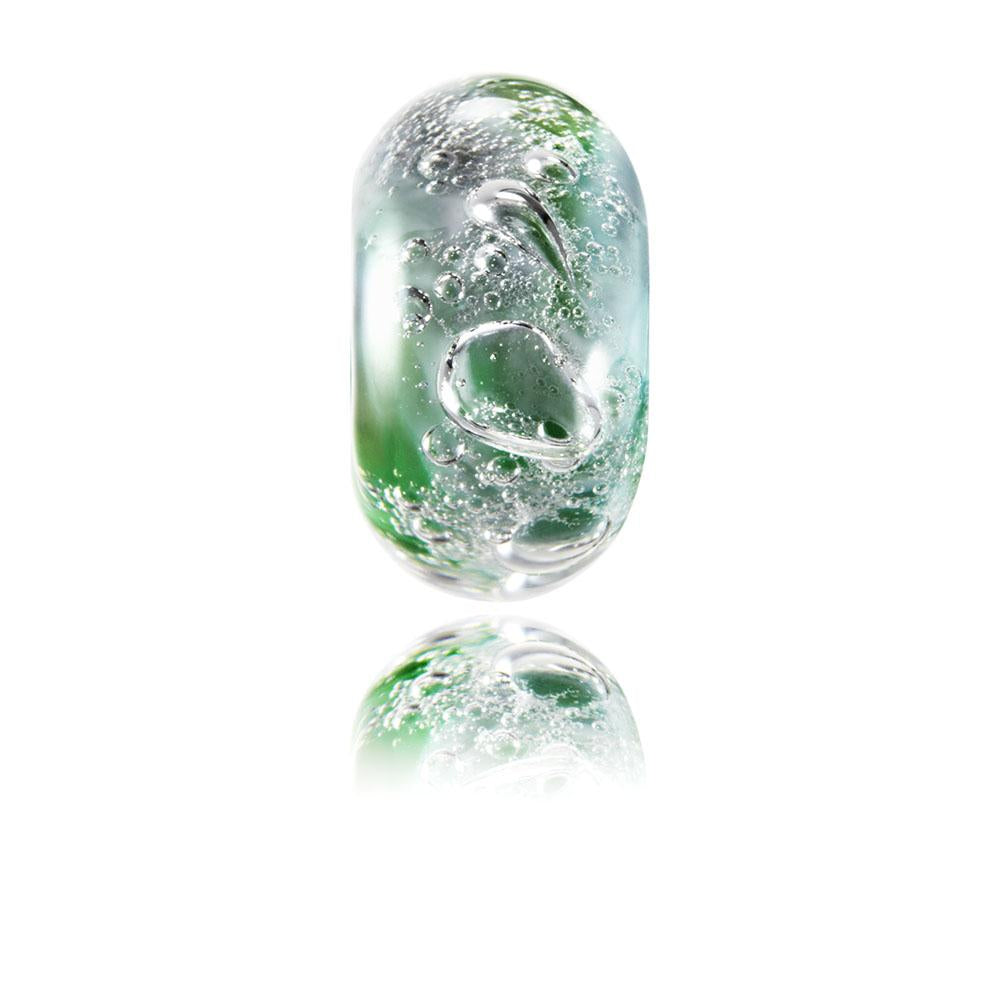 White and green bubbly glass bead for Durlston Point in Dorset, UK.