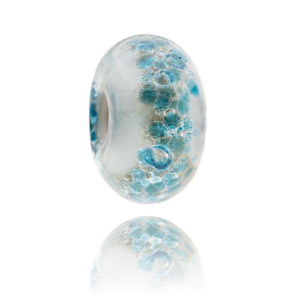 White, blue and grey bubble glass bead designed to represent Downderry beach in Cornwall.