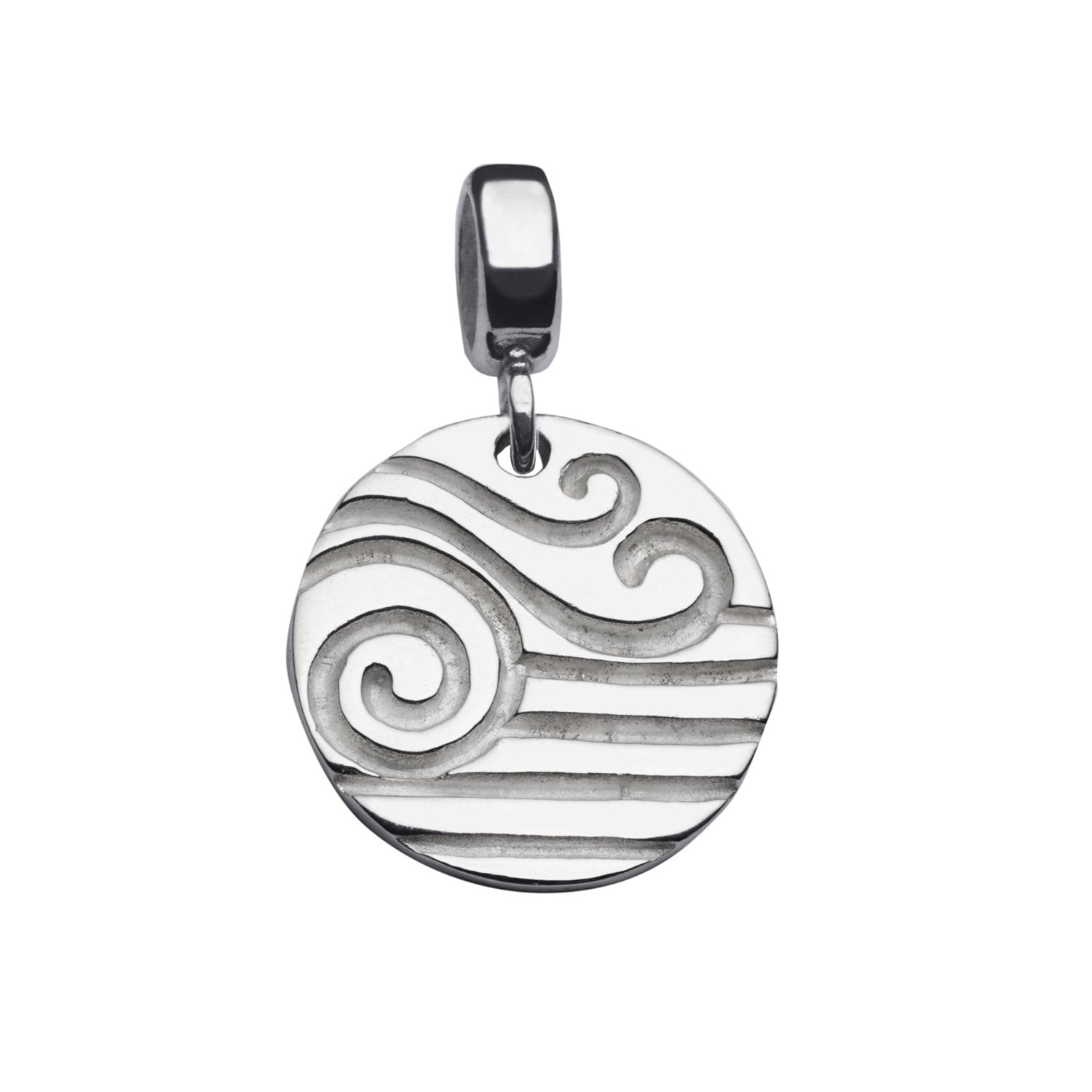 Silver Nalu talisman charm engraved with wave image on front.