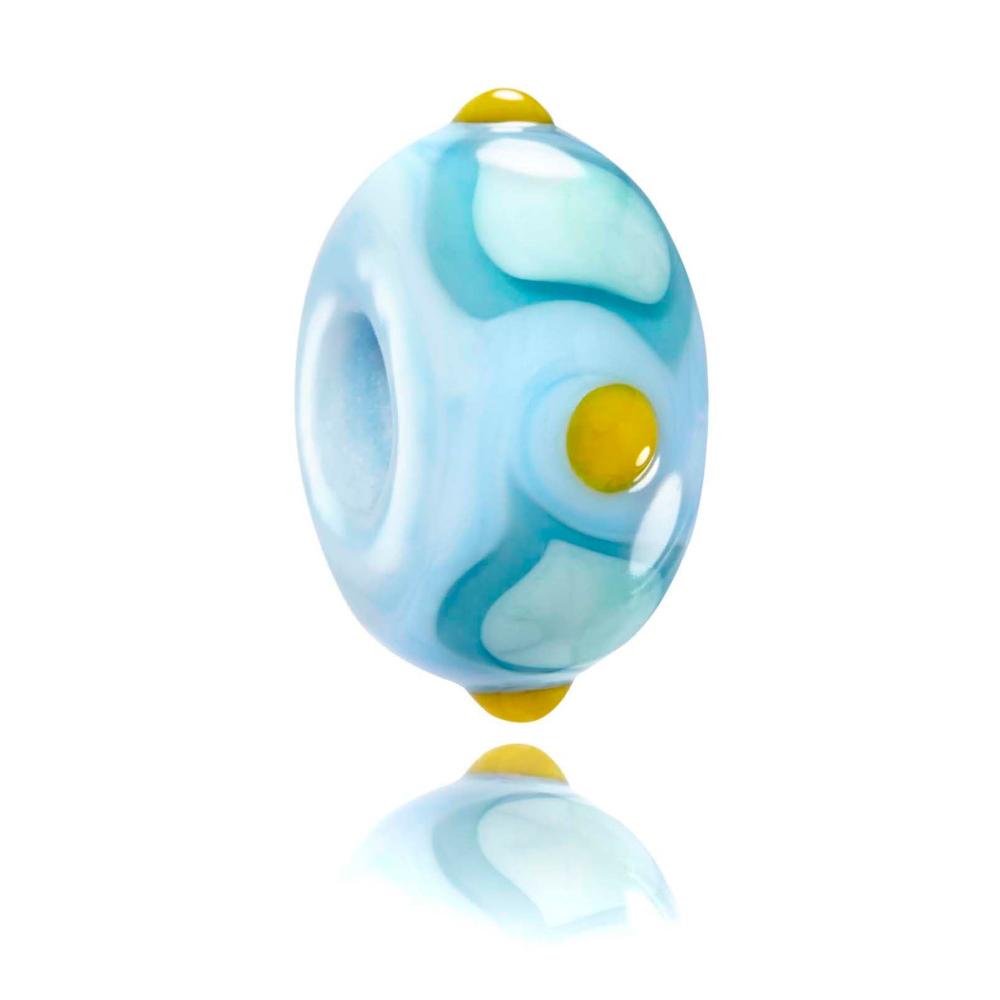 Turquoise pattern glass bead with raised yellow dots on surface representing Great Western Beach in Newquay.