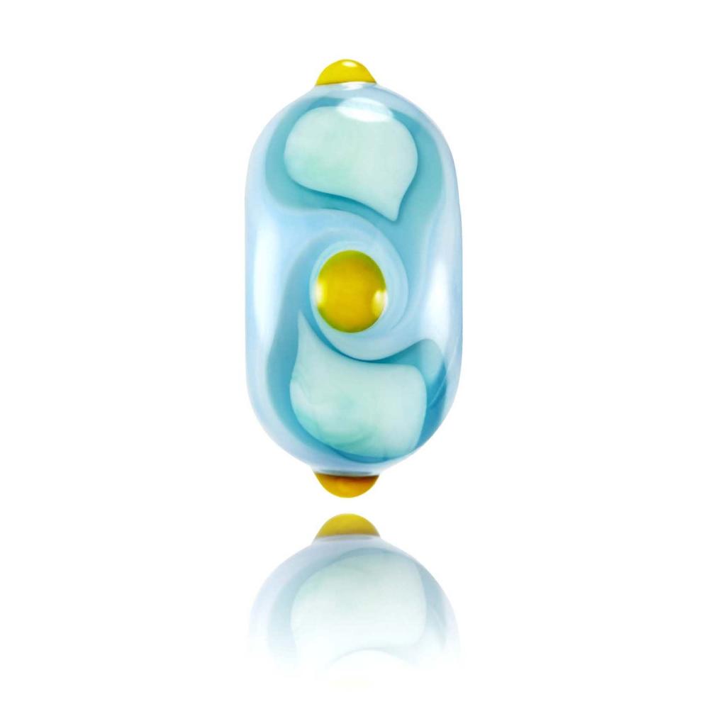 Turquoise pattern glass bead with raised yellow dots on surface representing Great Western Beach in Newquay.