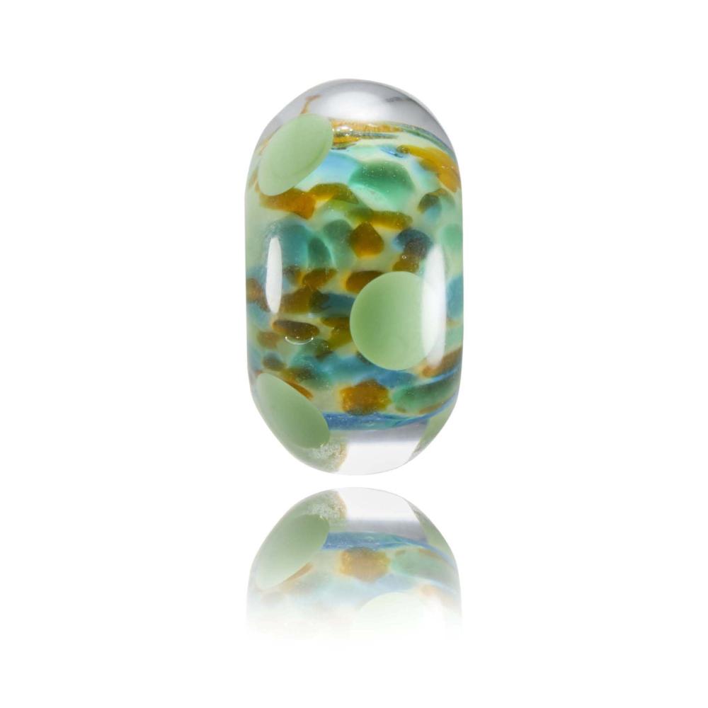 Green, blue, brown spotted glass bead for Guernsey in the Channel Islands.