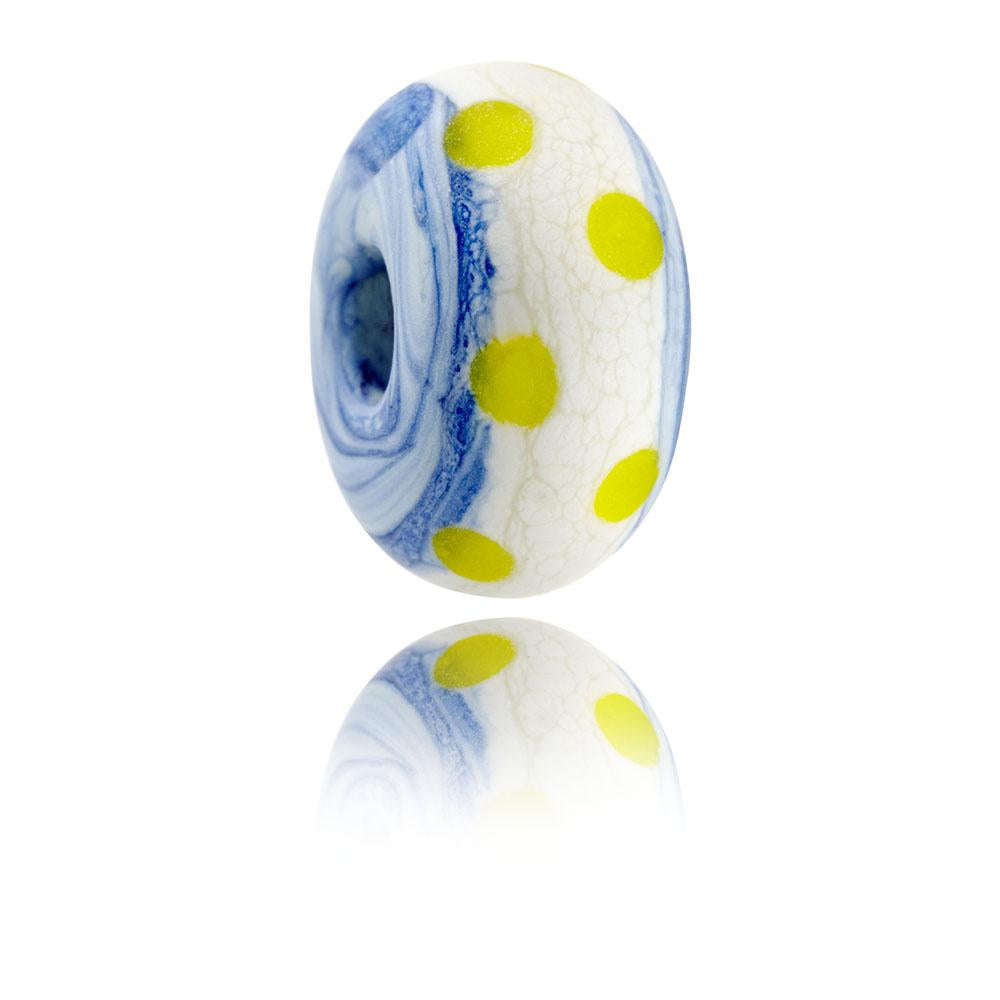 Blue and cream striped glass bead with yellow dots representing Highcliffe in Dorset.