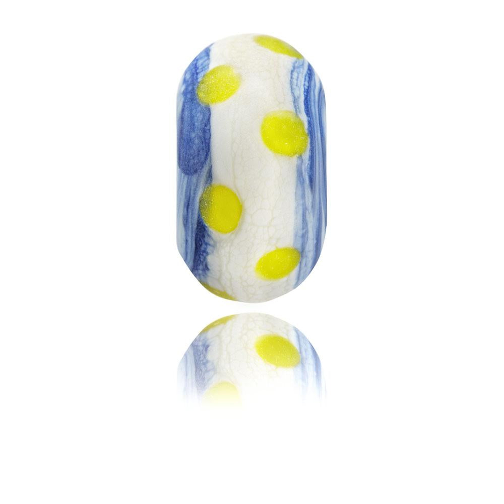 Blue and cream striped glass bead with yellow dots representing Highcliffe in Dorset.