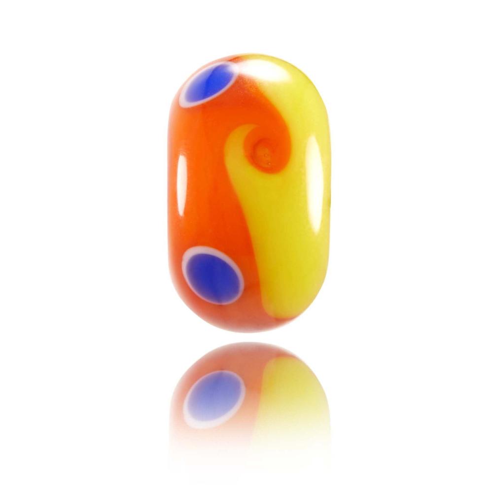 Bright yellow and orange glass bead with swirl and purple dots representing Ibiza in Spain.