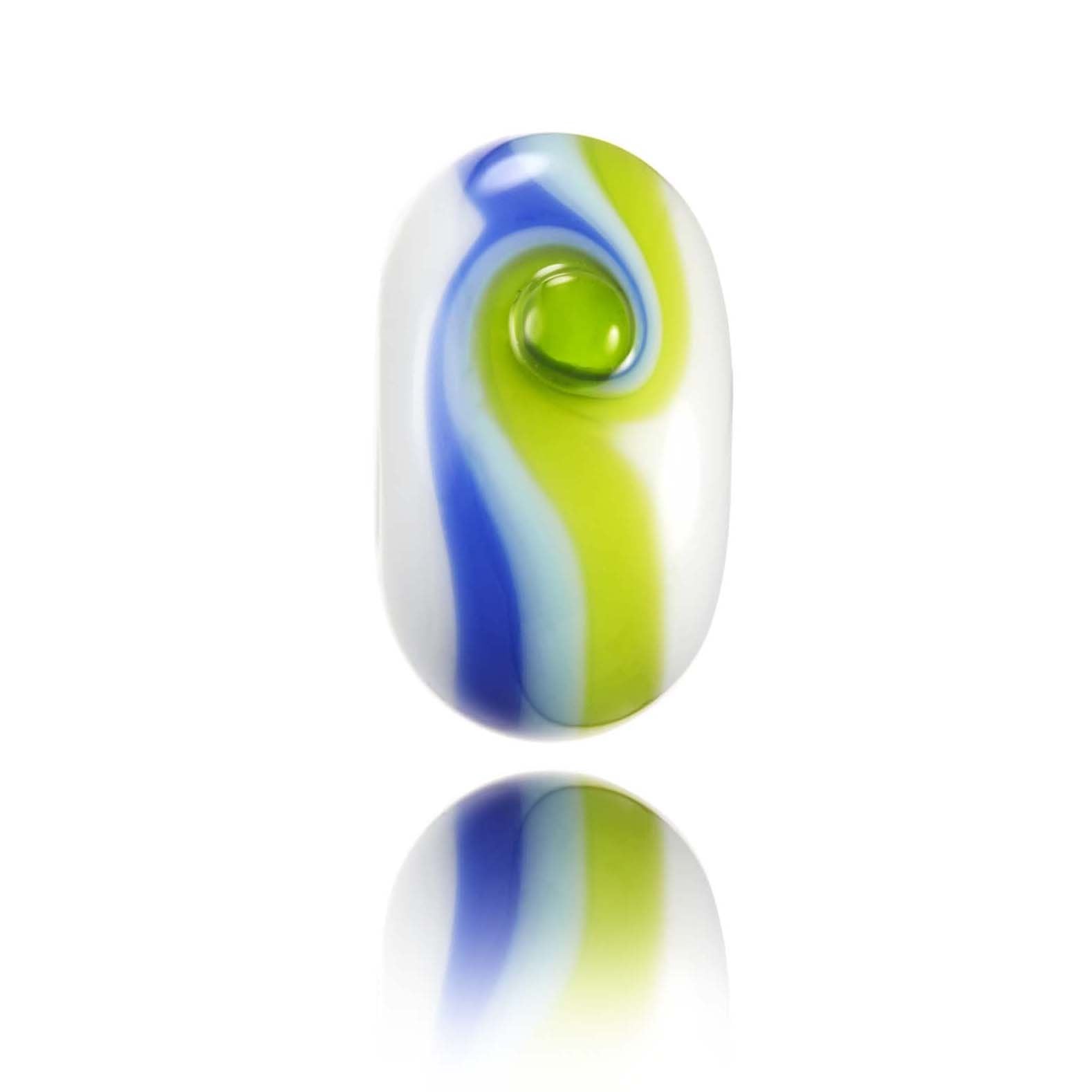 White, green and blue handmade glass bead for Barbados in the Caribbean.