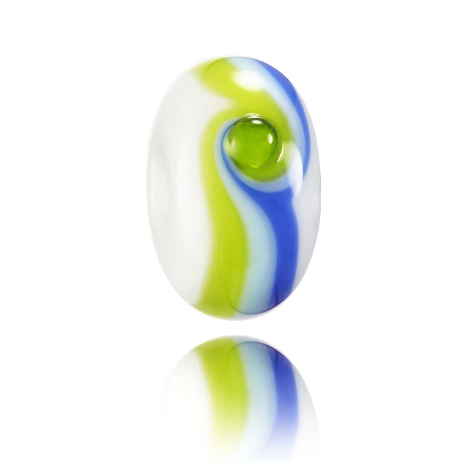 White, green and blue handmade glass bead for Barbados in the Caribbean.