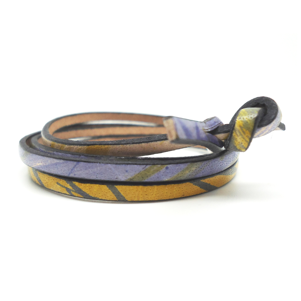 Yellow, green, blue painted leather wrap bracelet.