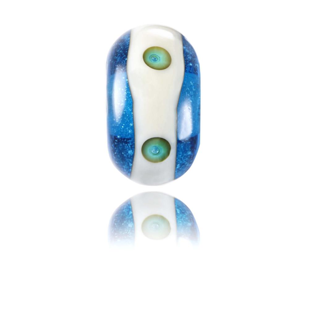 Transparent blue glass bead with cream stripe around middle with green bubble dot patterns. Designed for Jobs Bay in Kent, UK