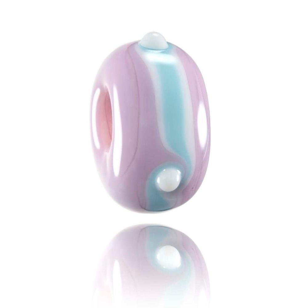 Pink glass bead with a white and blue stripe around the middle with little white dots joining the swirl. Designed for the Keep A'Breast Foundation charity.