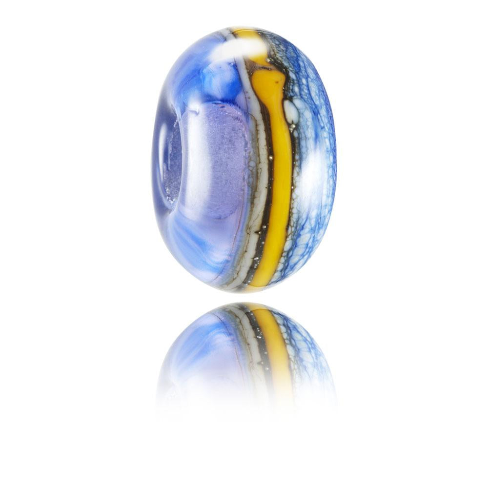 Purple, blue and yellow striped glass beads designed for Kimmeridge Bay in Dorset.