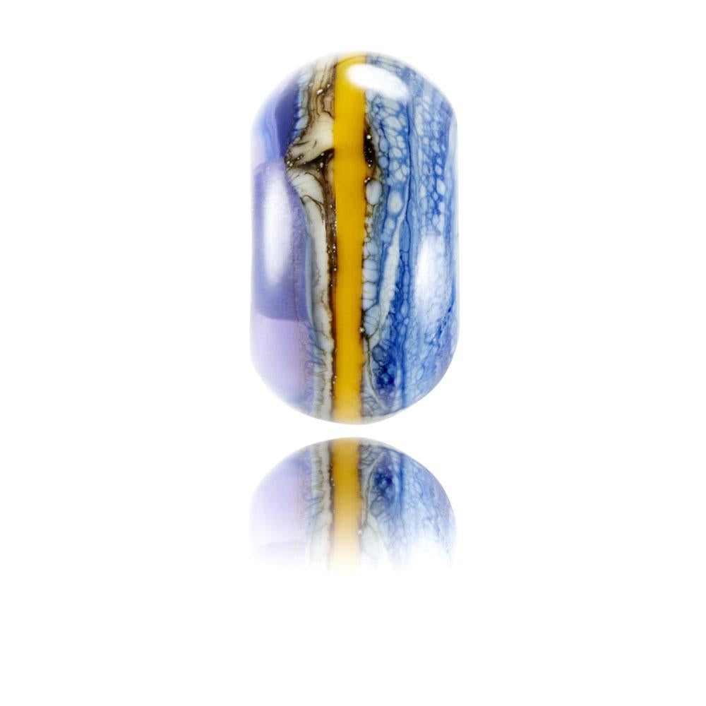 Purple, blue and yellow striped glass beads designed for Kimmeridge Bay in Dorset.