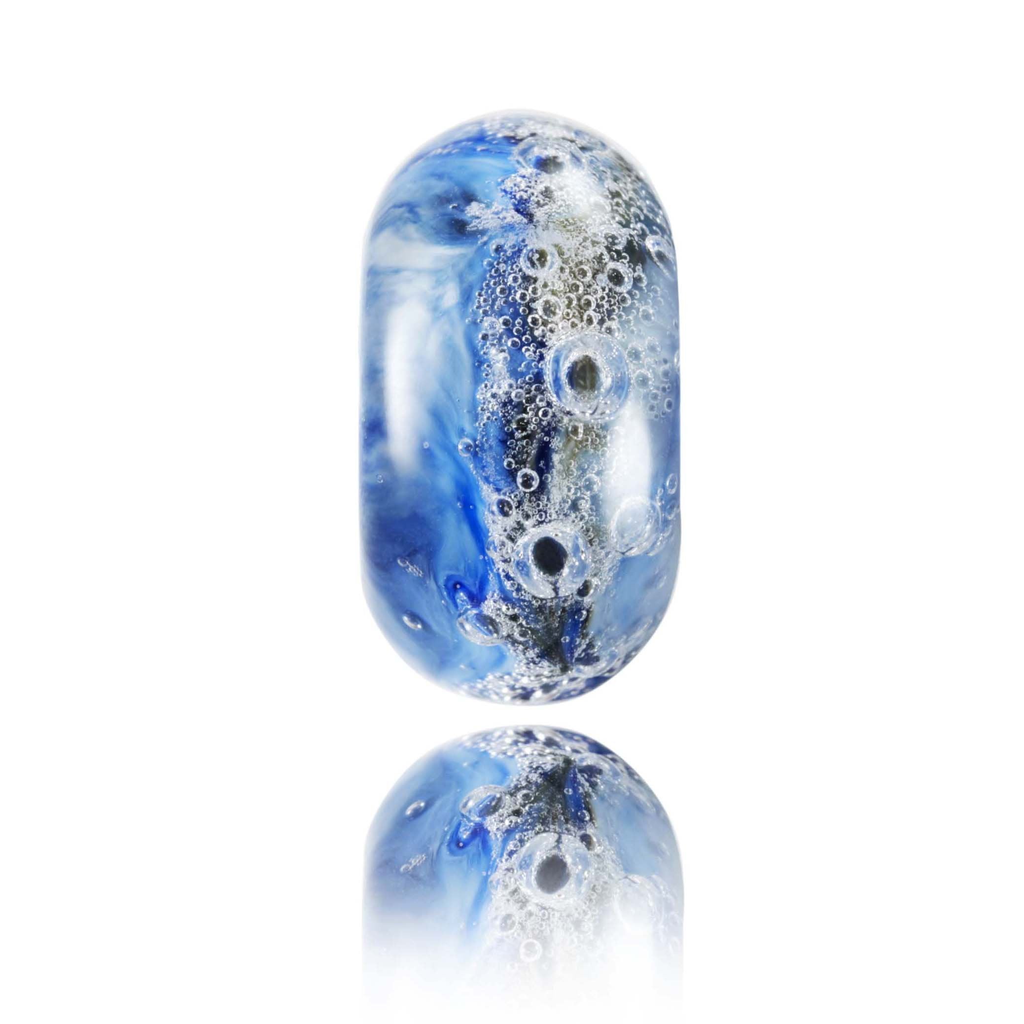 Swirling bubbly blue and green Murano glass lamp work bead representing Looe in Cornwall.