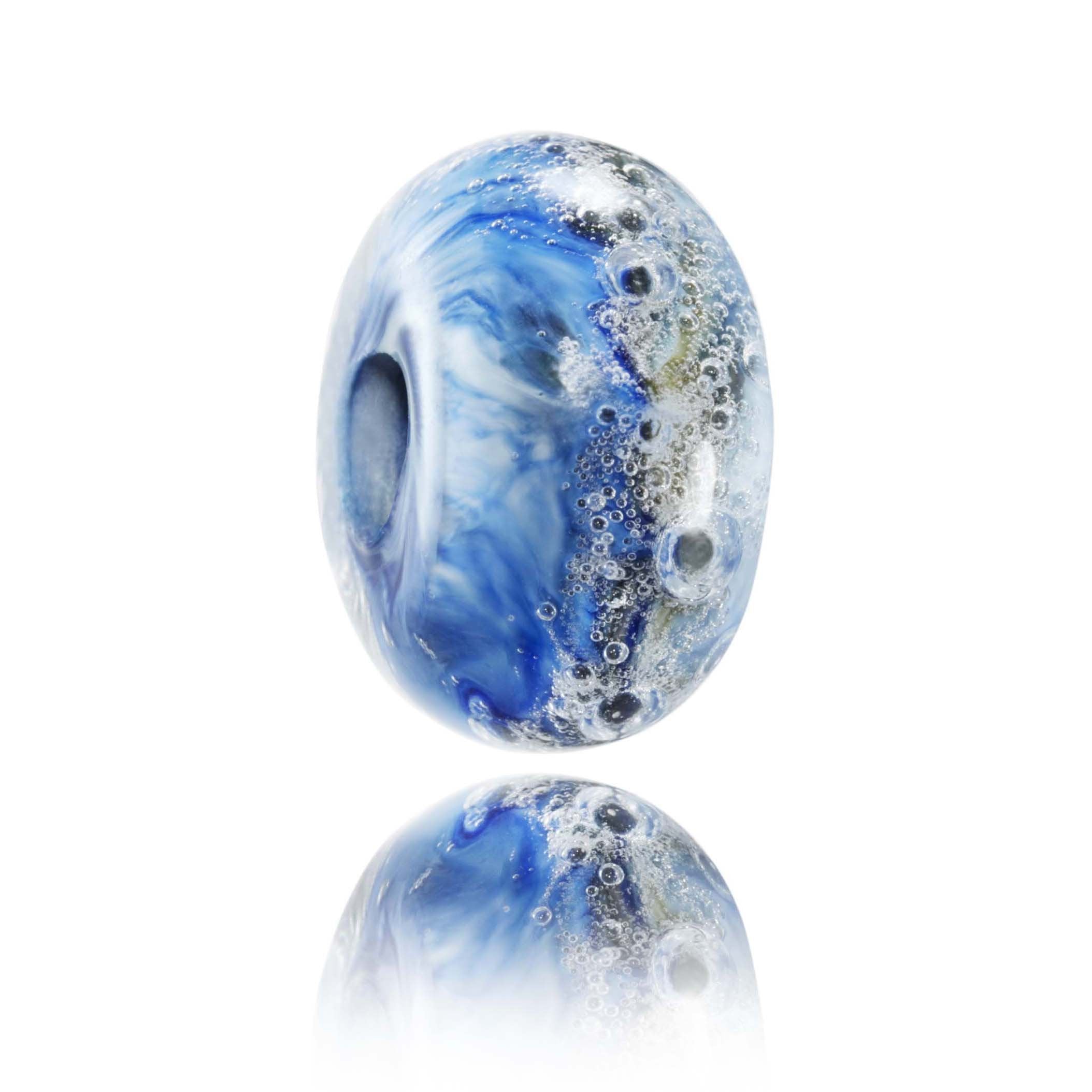 Swirling bubbly blue and green Murano glass lamp work bead representing Looe in Cornwall.