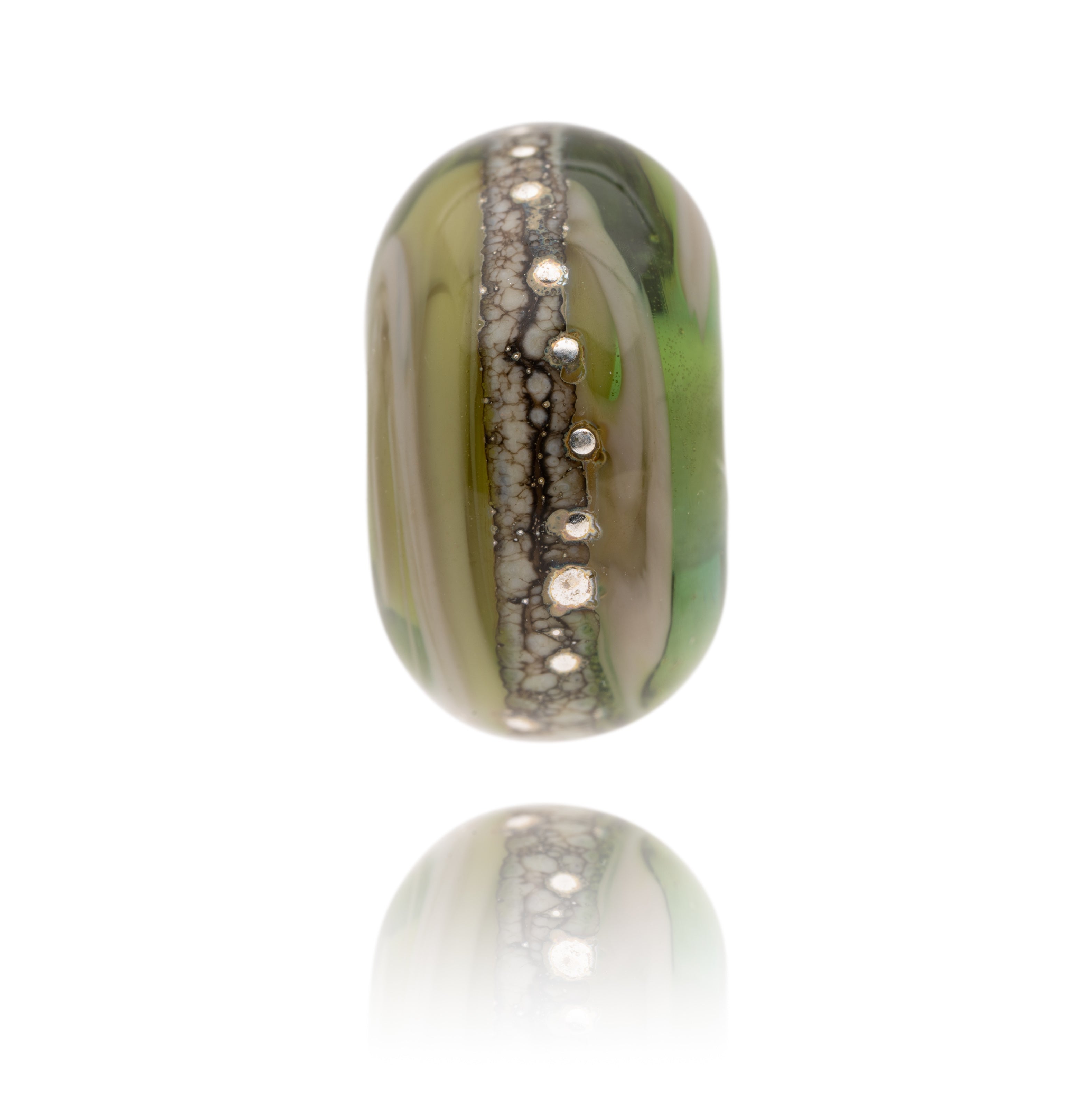 Green, grey and silver swirling Murano glass bead representing Lee Bay in North Devon.