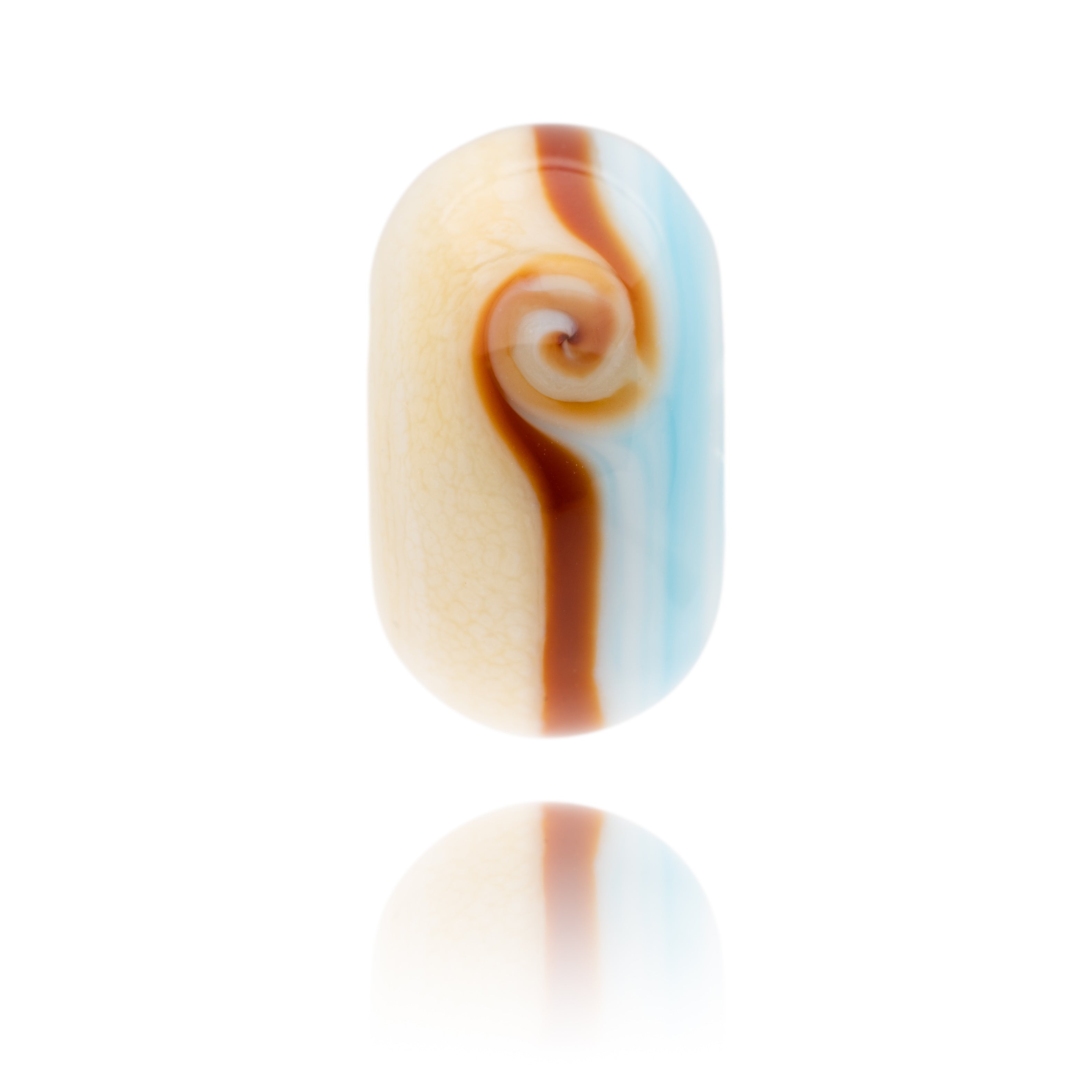 Ivory and blue glass bead with red brown stripe around the middle representing Littlehampton beach in Sussex.