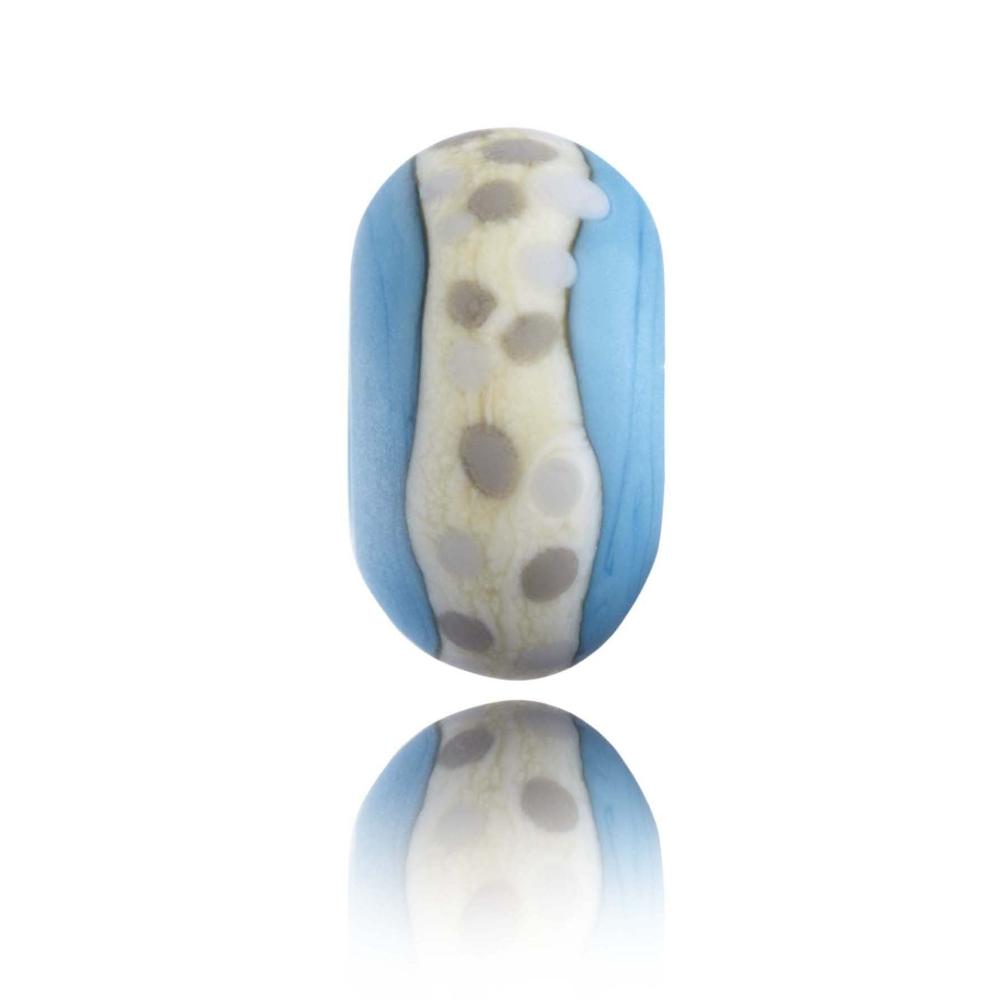 Blue glass beads with white band around the middle decorated with grey dots. Representing Llantwit Major beach in Wales.