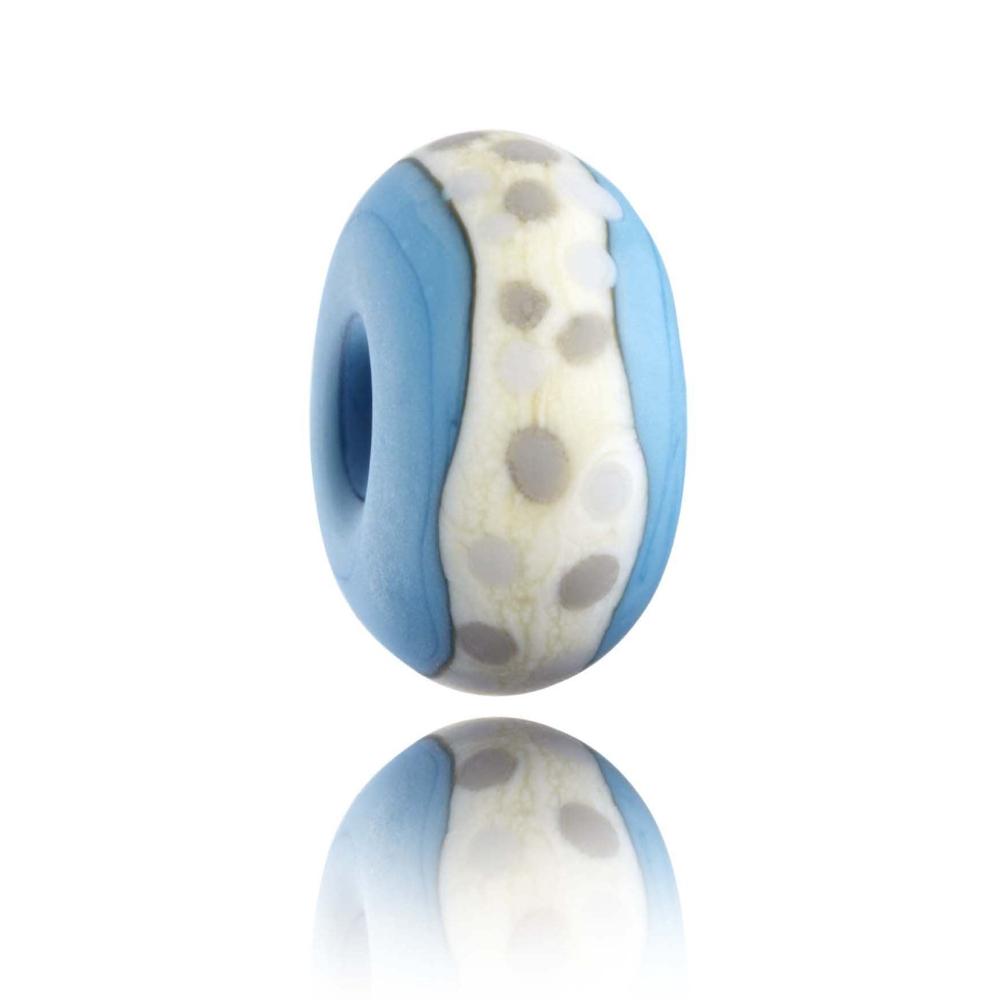 Blue glass beads with white band around the middle decorated with grey dots. Representing Llantwit Major beach in Wales.
