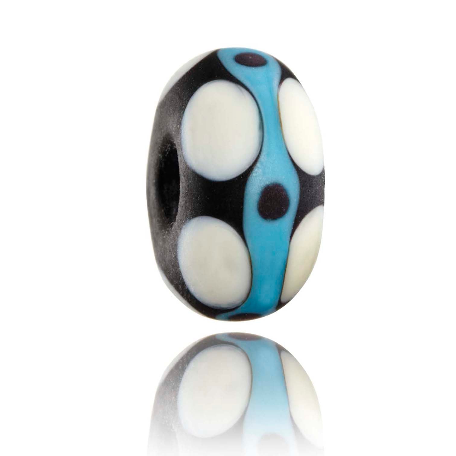 Black matt glass bead with turquoise pattern and white dots on surface for Muriwai, New Zealand.