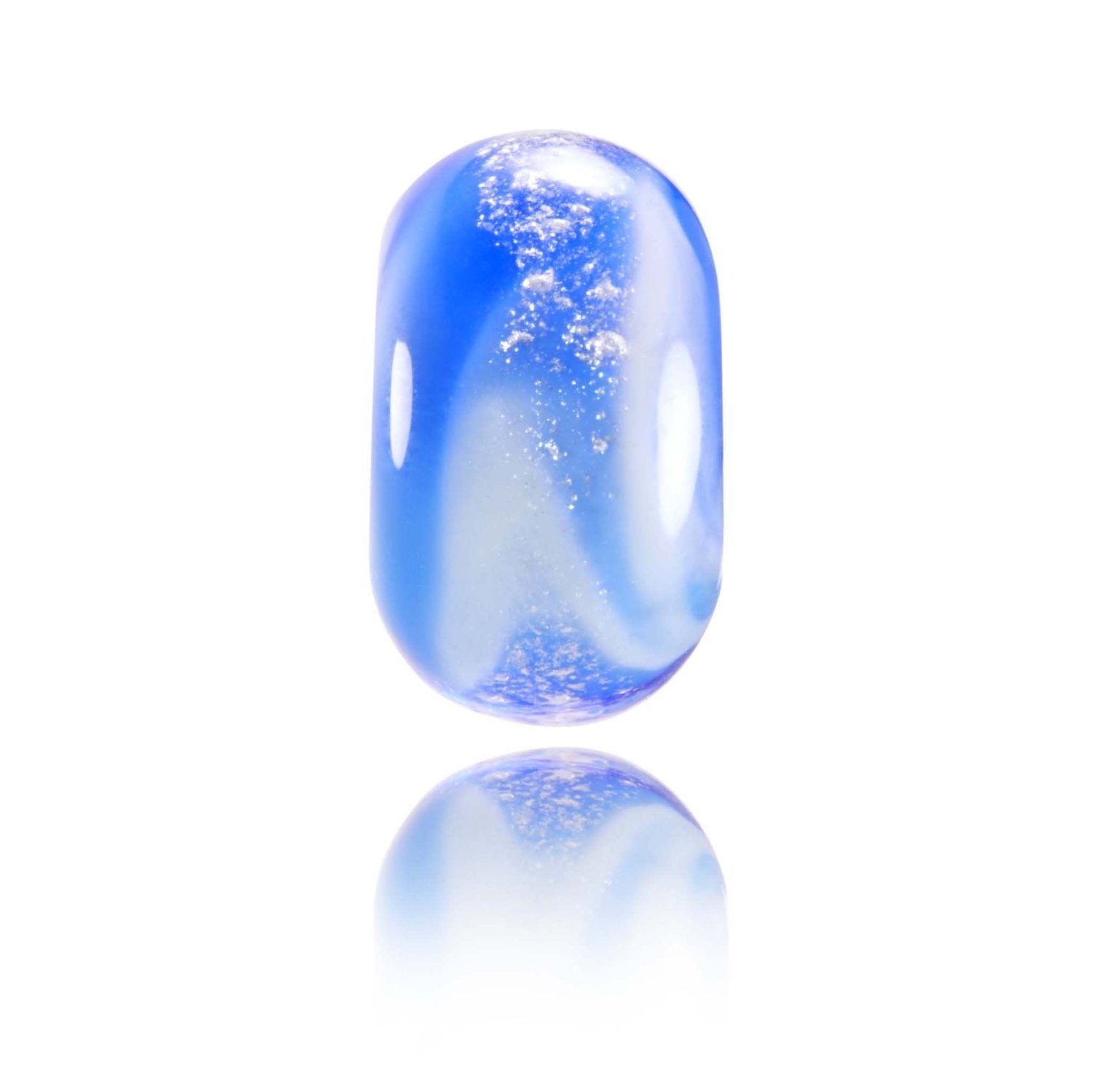Swirling blue glass bead with silver shimmer in the glass, representing the big wave spot Nazare in Portugal.