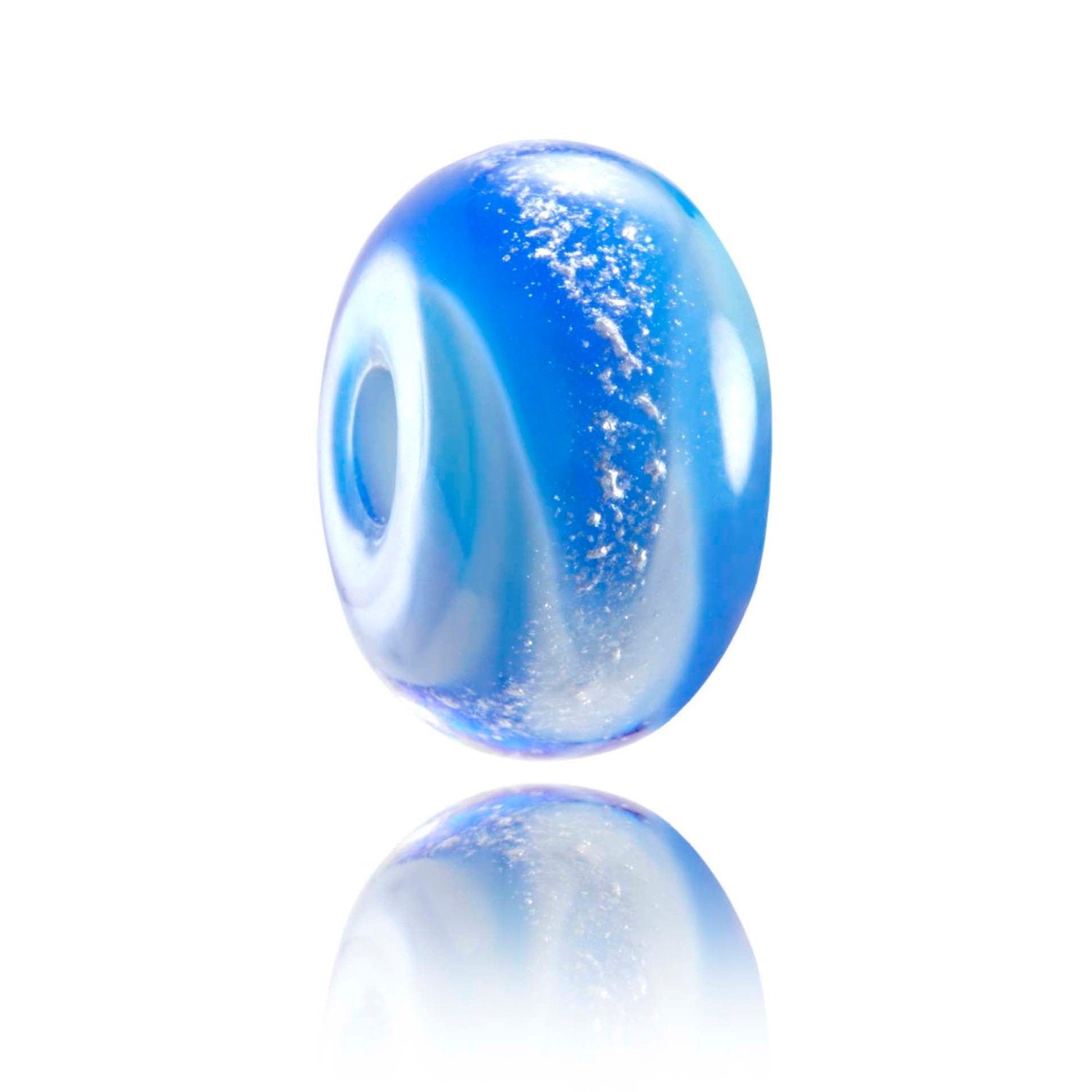 Swirling blue glass bead with silver shimmer in the glass, representing the big wave spot Nazare in Portugal.