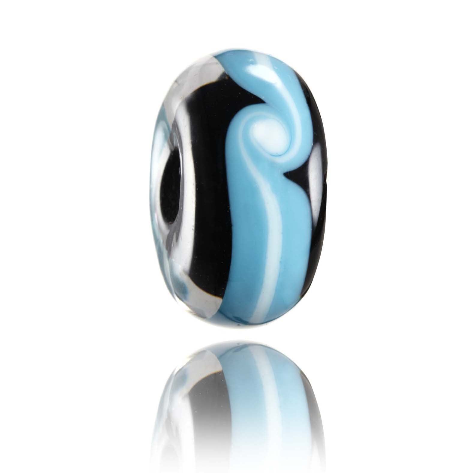 Black glass beads with a blue and white swirl around the middle of the bead. Representing New Brighton in New Zealand.