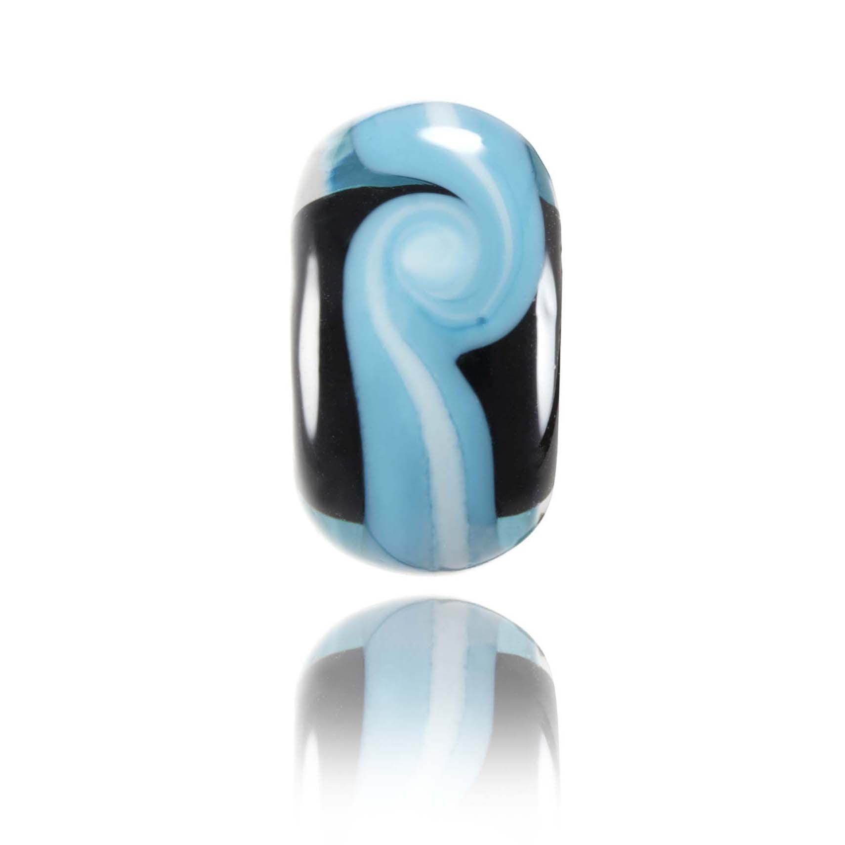 Black glass beads with a blue and white swirl around the middle of the bead. Representing New Brighton in New Zealand.