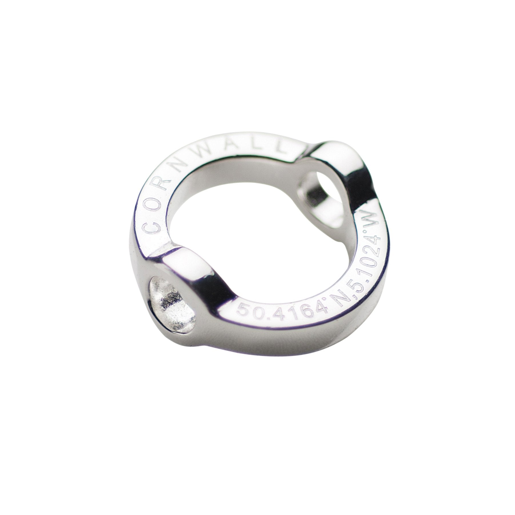 Solid sterling silver charm loop engraved with Coordinates for Fistral beach in Cornwall.