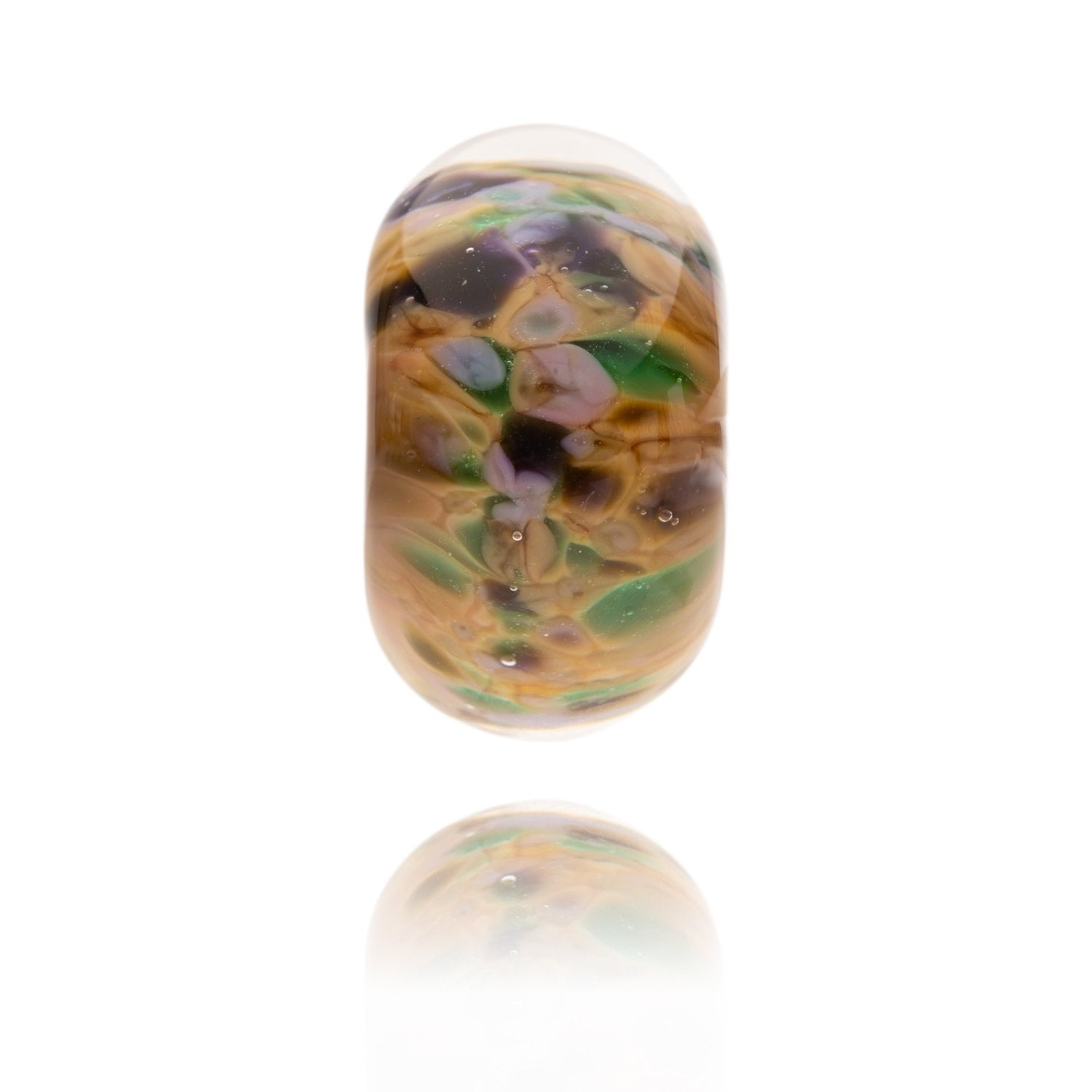Brown, purple and green mottled glass bead representing The North Yorkshire Moor National Park in the UK.