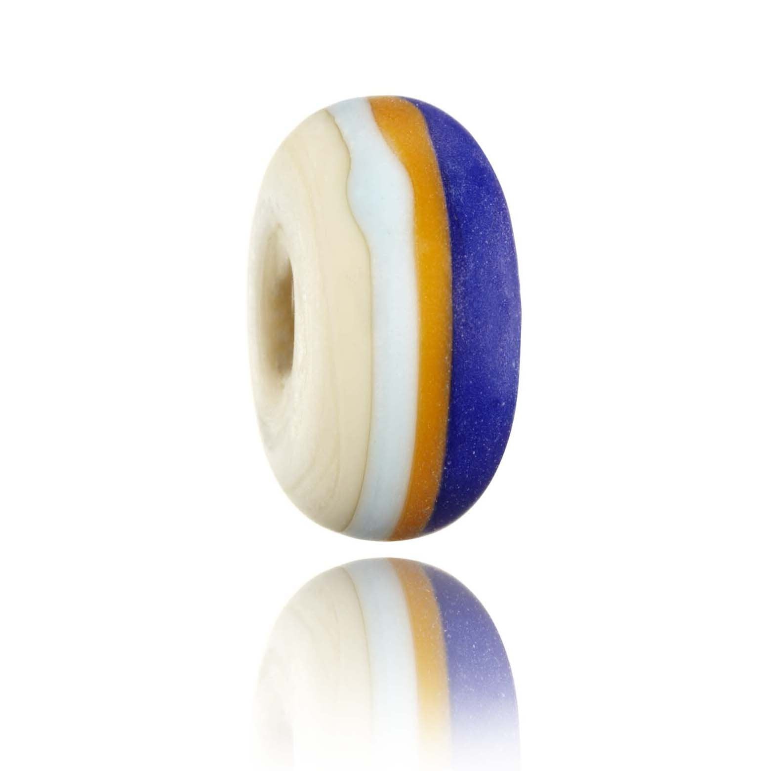 Cream, blue and orange striped bead with a frosted finish for Ocean Beach in Australia.