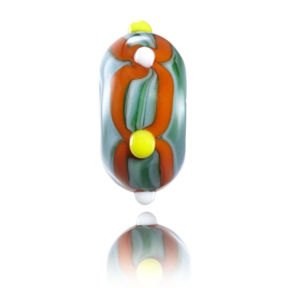 Green and orange glass bead with yellow and white dots around surface. Designed for Cromer in Norfolk.