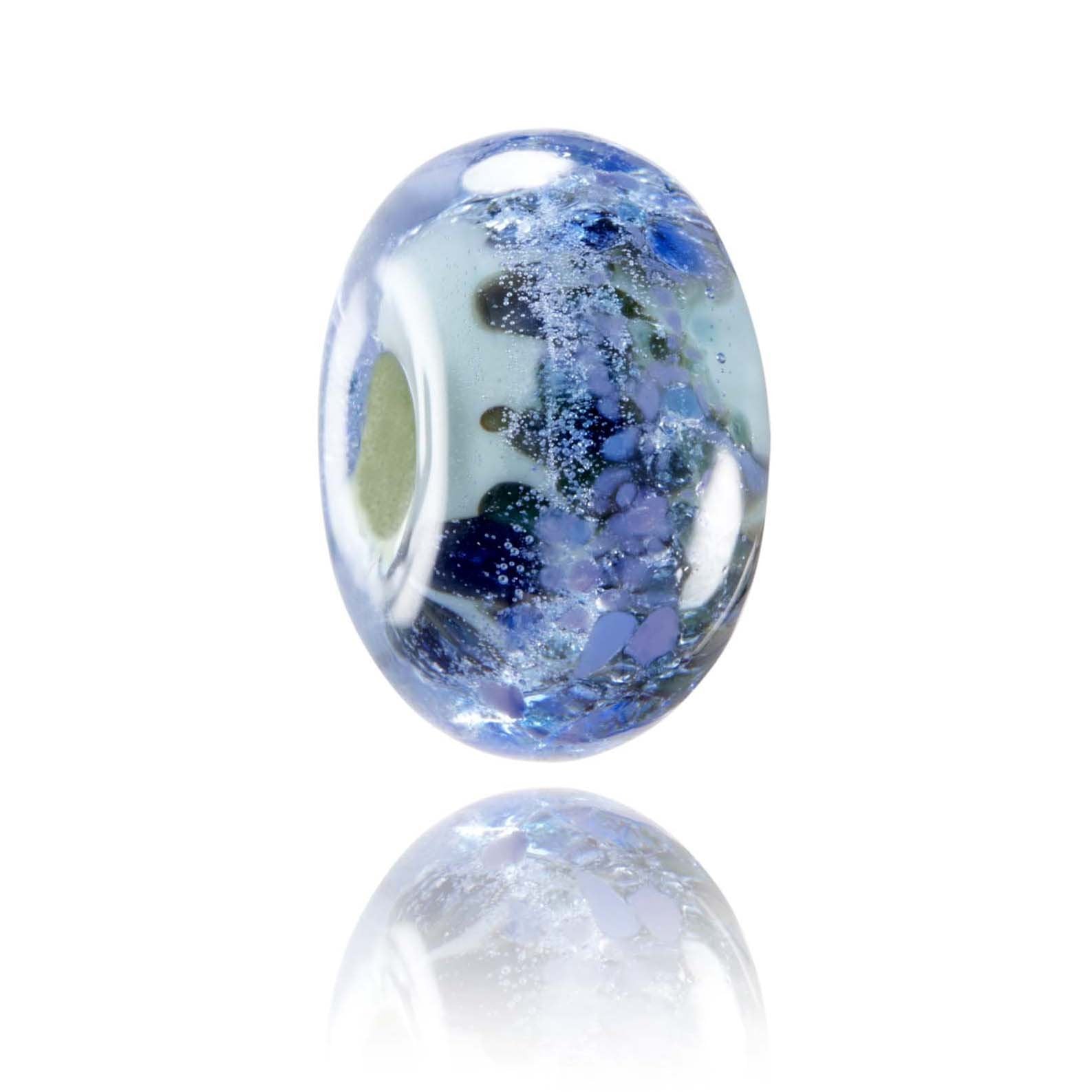 Blue, green, peopler shimmering glass bead representing Polly Joke beach near Newquay in Cornwall.