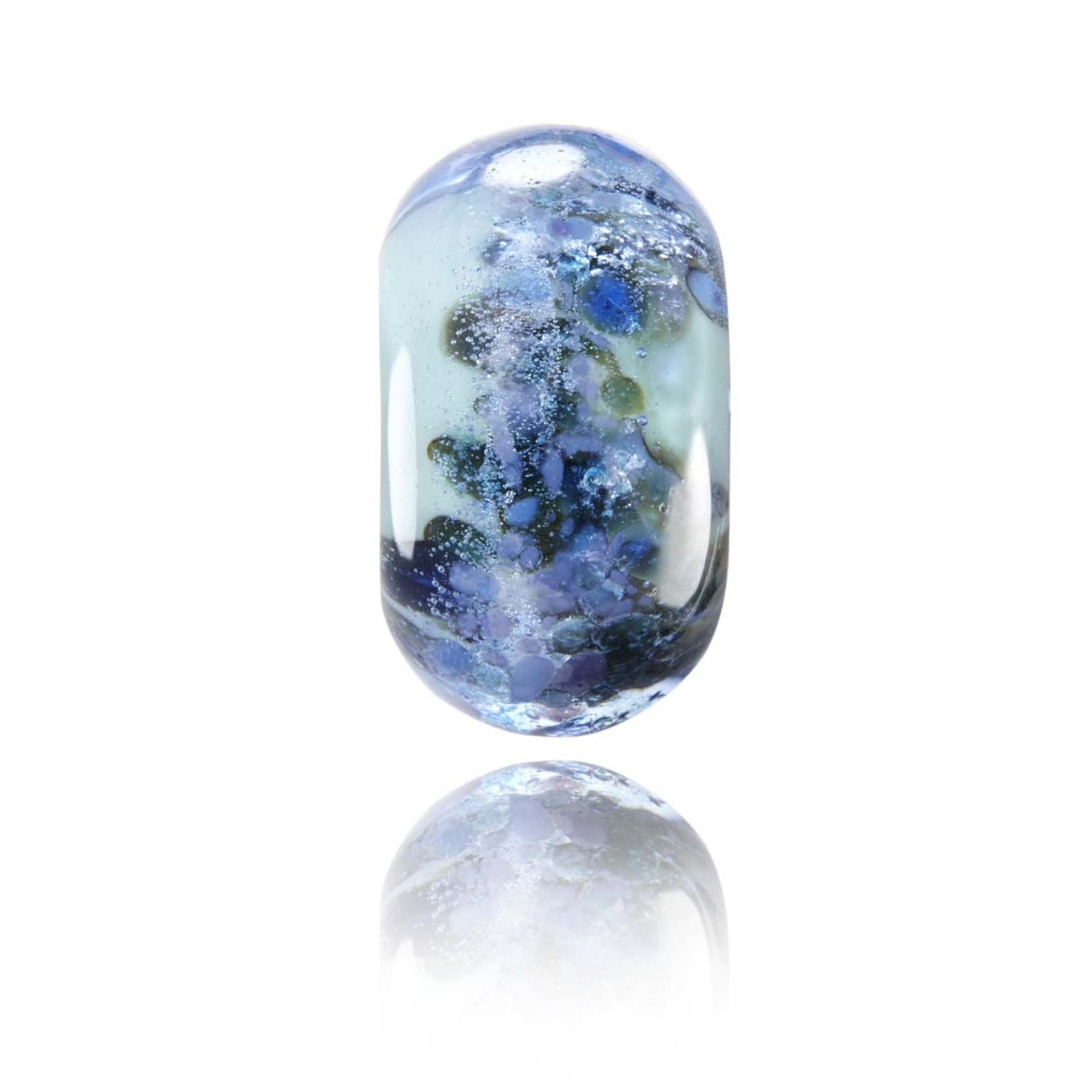 Blue, green, peopler shimmering glass bead representing Polly Joke beach near Newquay in Cornwall.