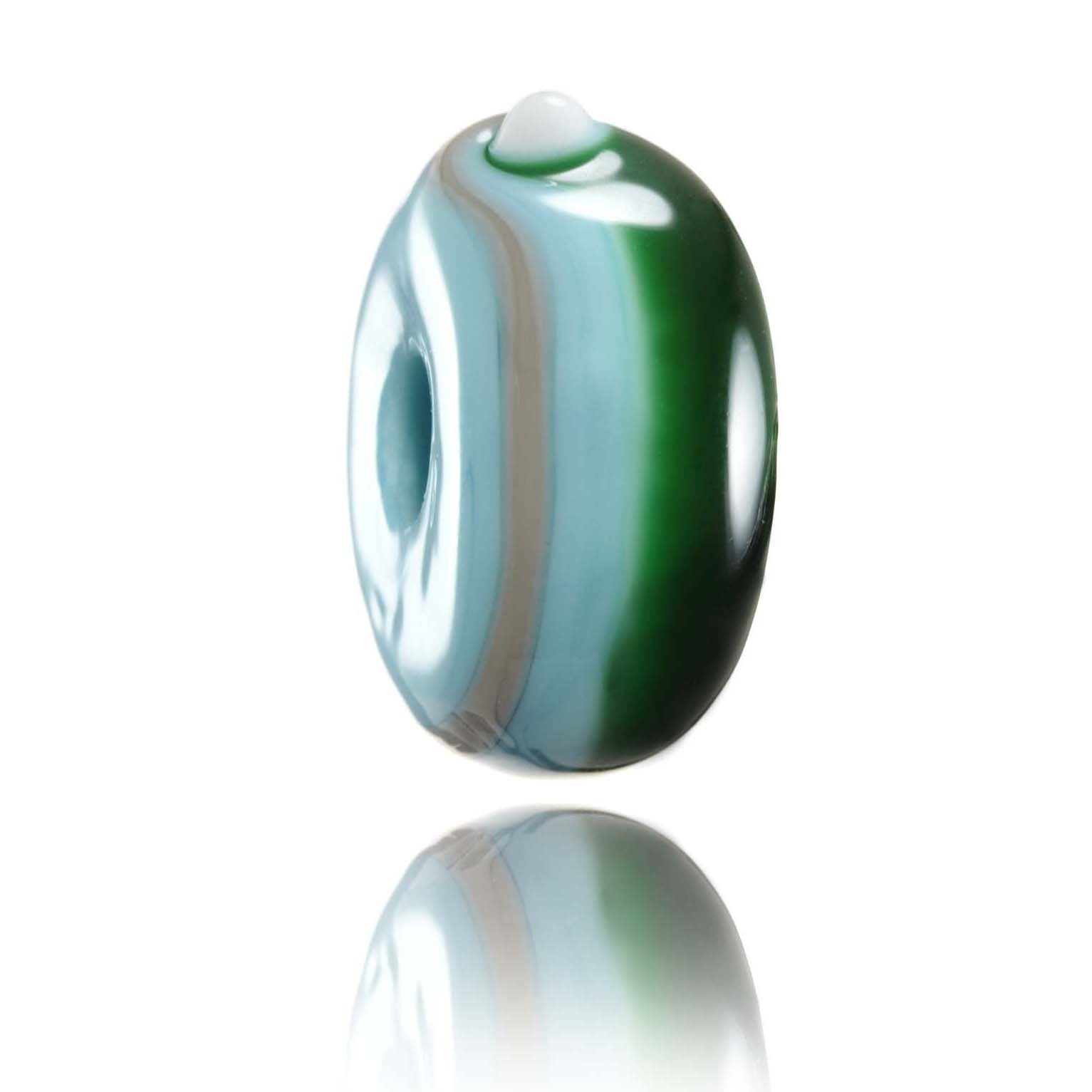 Striped green, grey and blue Murano glass bead representing Porthleven surf spot and village in West Cornwall, UK.