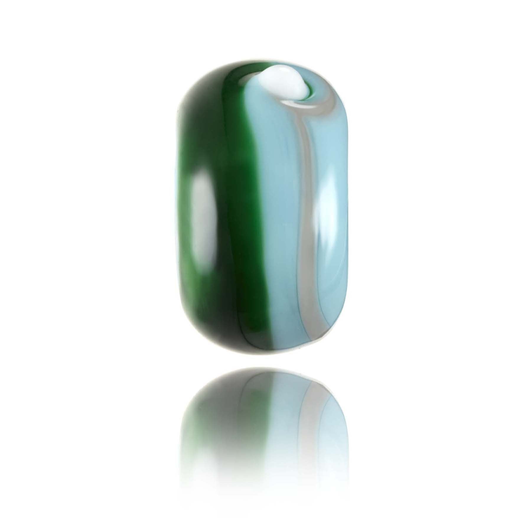Striped green, grey and blue Murano glass bead representing Porthleven surf spot and village in West Cornwall, UK.