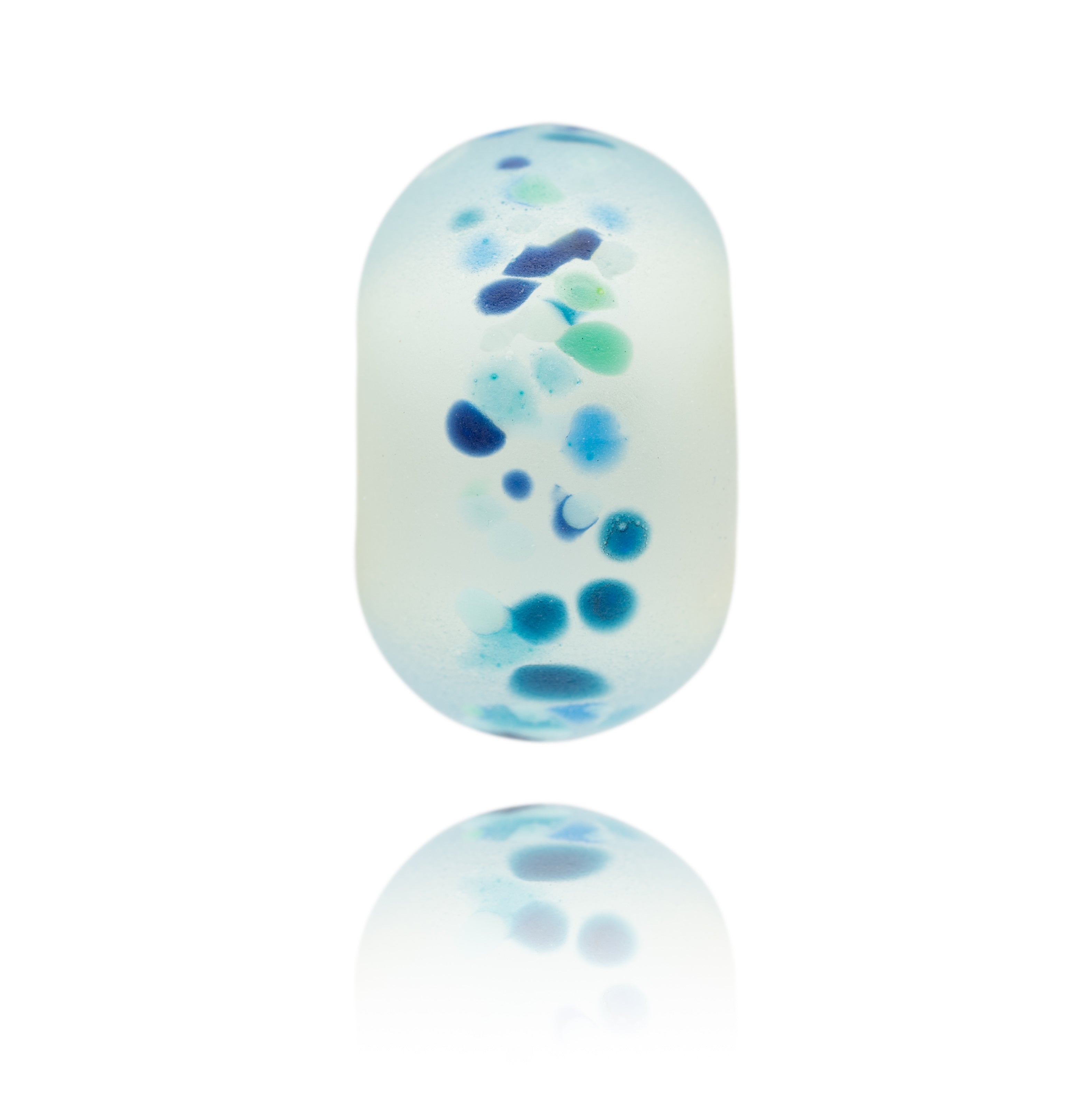 Frosted glass beads decorated with speckles of blue and green glass.