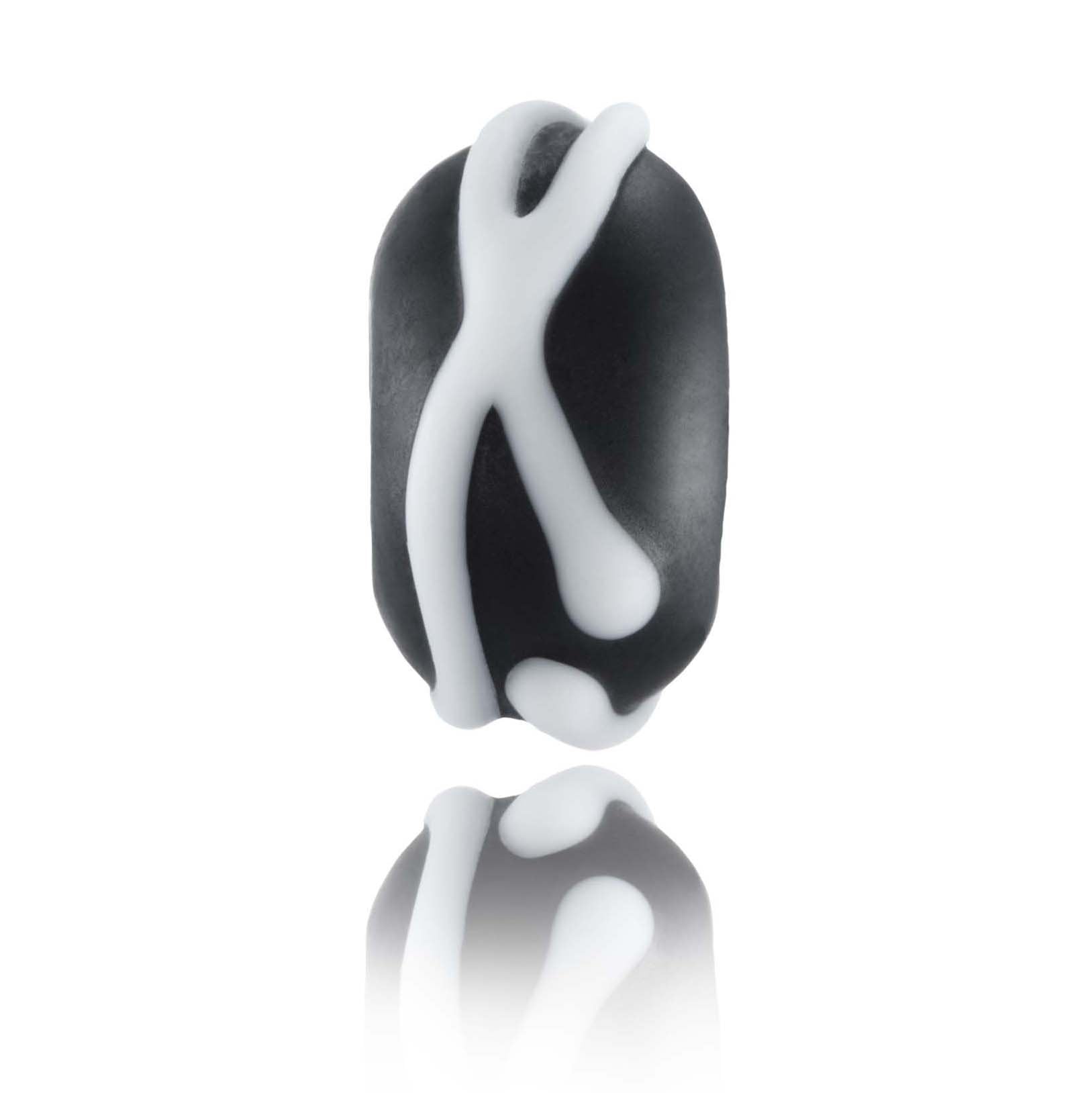 Black Matt finished glass bead with raised white stripes across the surface. Representing Raglan Beach in New Zealand.