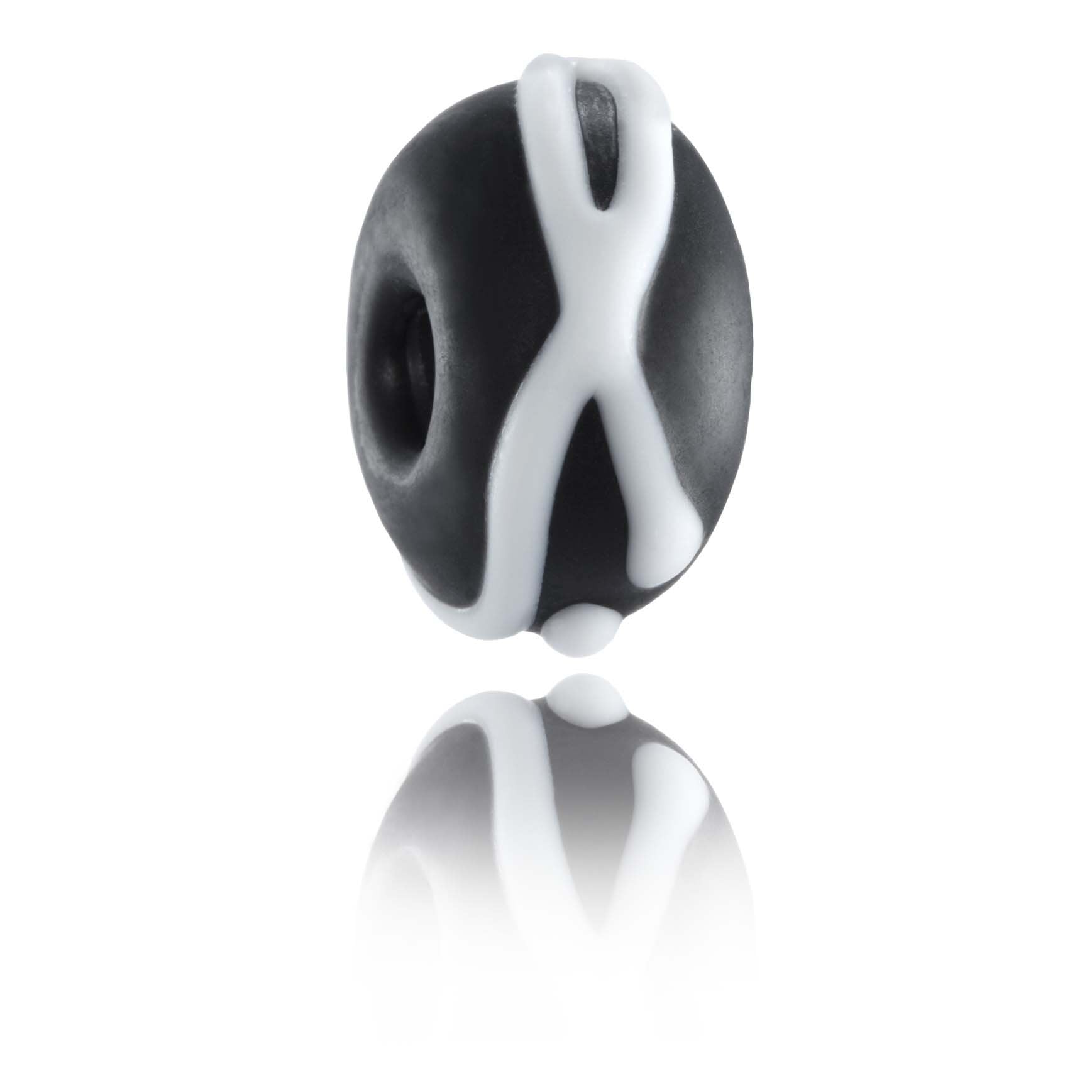 Black Matt finished glass bead with raised white stripes across the surface. Representing Raglan Beach in New Zealand.