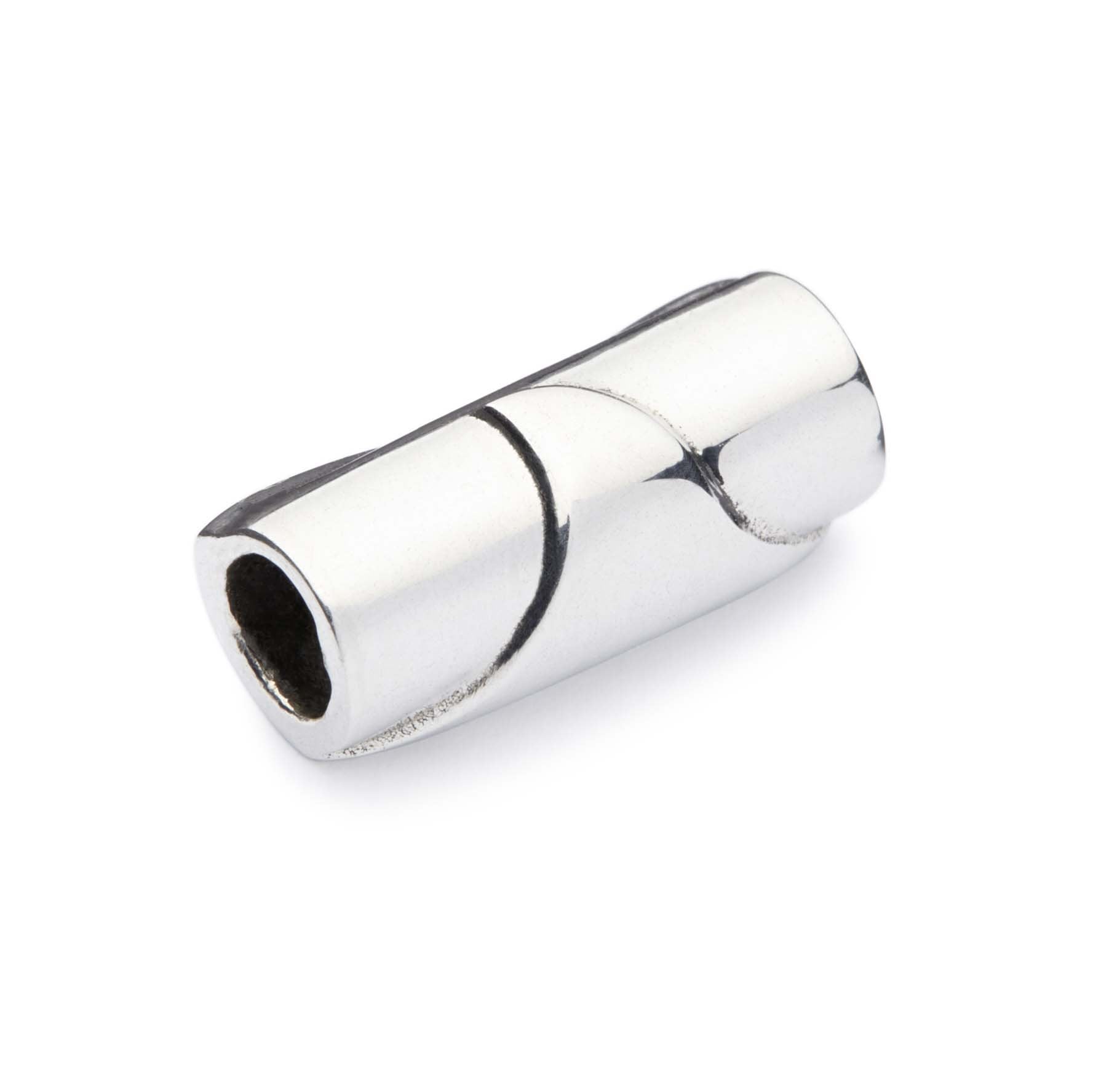 Silver tube bead in the shape of a wave.