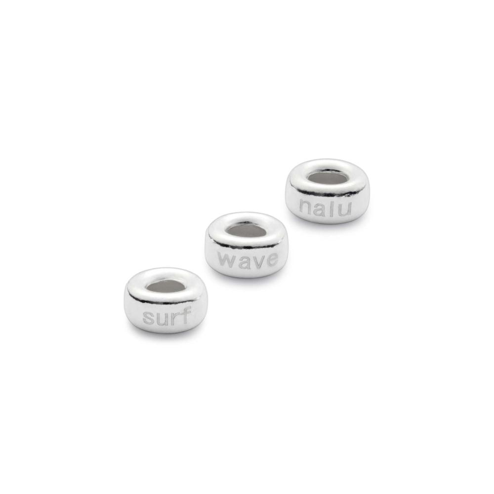 Three Silver surf spacer beads engraved with surf, wave, Nalu.