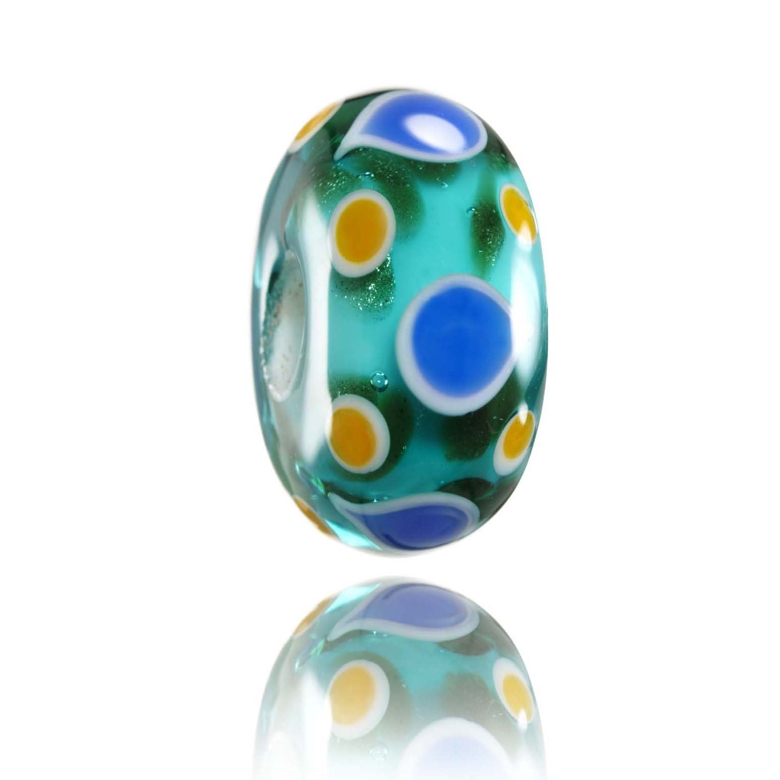 Green, blue and gold patterned glass bead representing Sri Lanka.