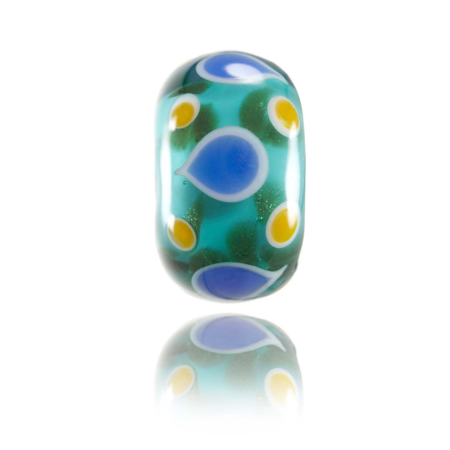 Green, blue and gold patterned glass bead representing Sri Lanka.