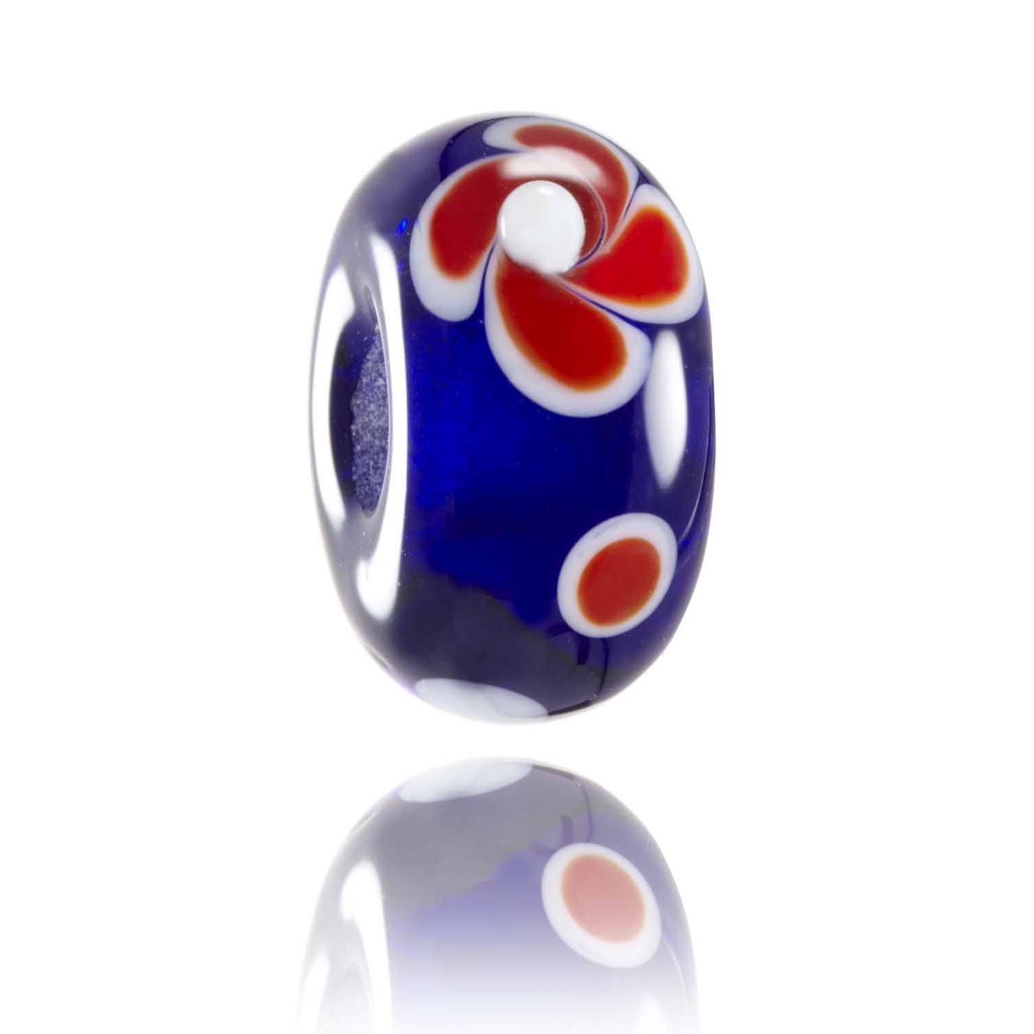 Red and blue glass bead for Stent Road beach in New Zealand.