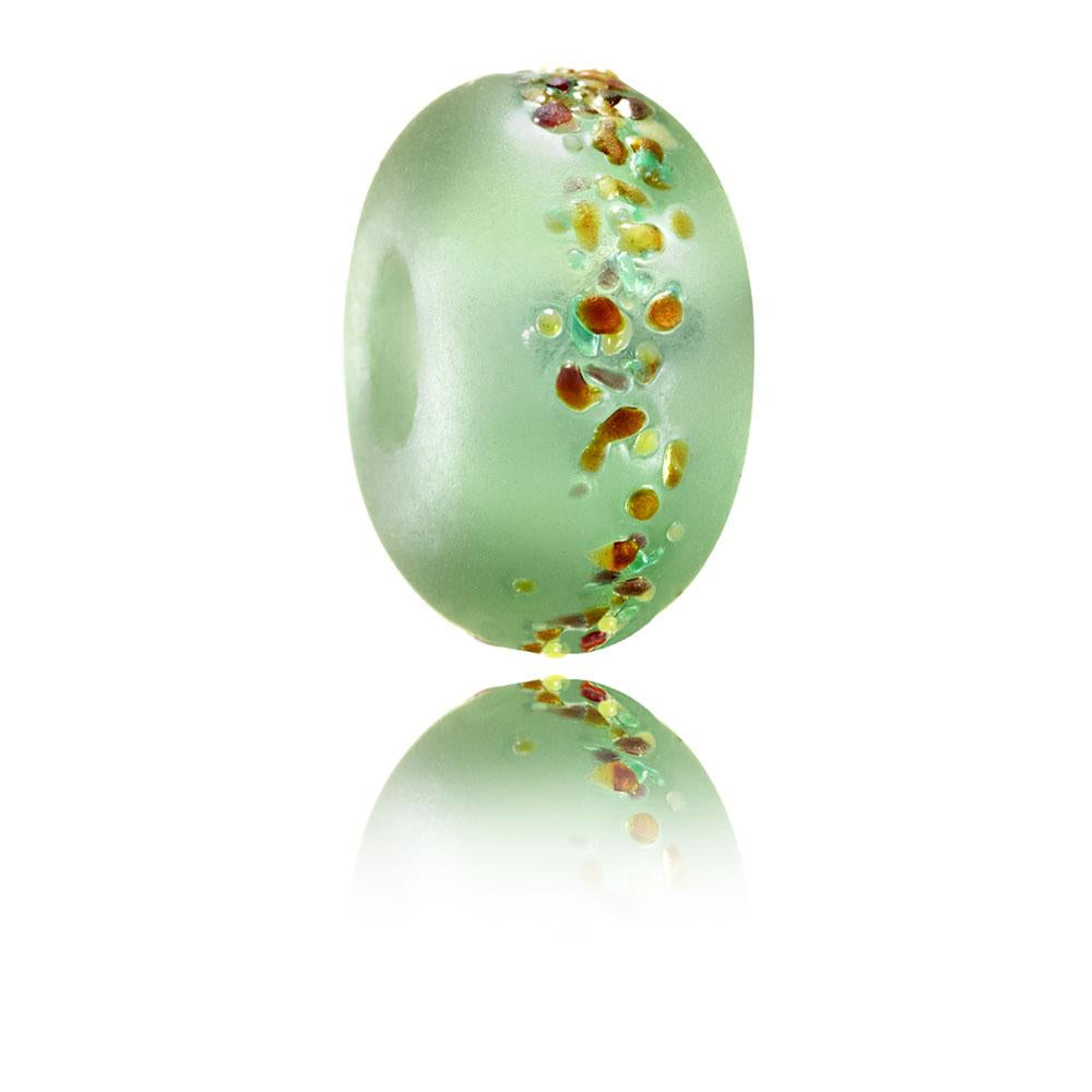 Green frosted glass bead with brown and red speckled surface, for Swanpool beach in Cornwall.