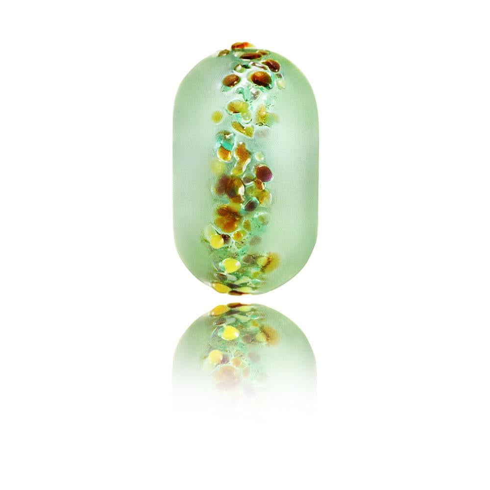 Green frosted glass bead with brown and red speckled surface, for Swanpool beach in Cornwall.